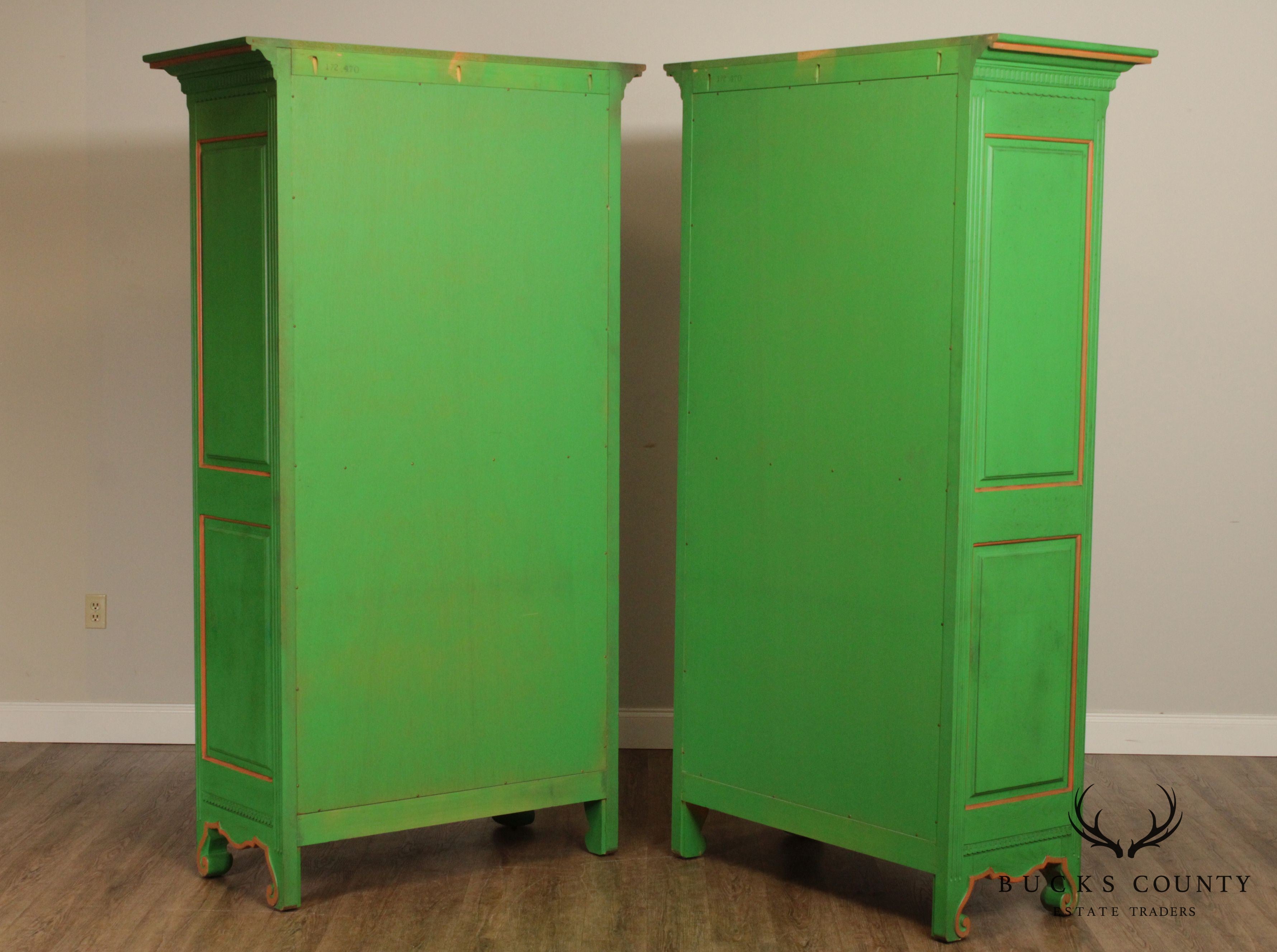 French Louis XV Style Custom Green Painted Pair Large Armoires