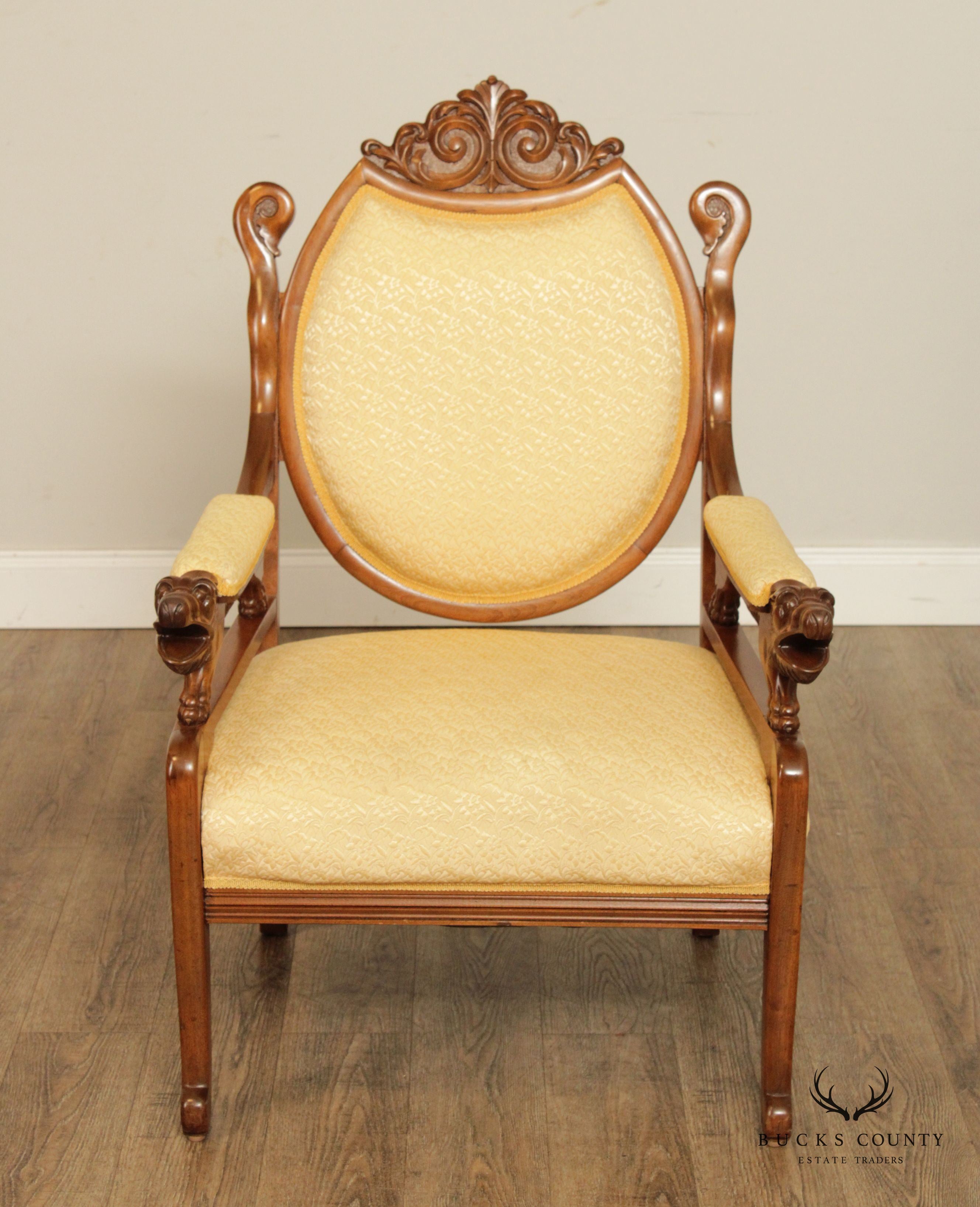 Antique French Empire Style Carved Maple and Beech Fauteuil Armchair