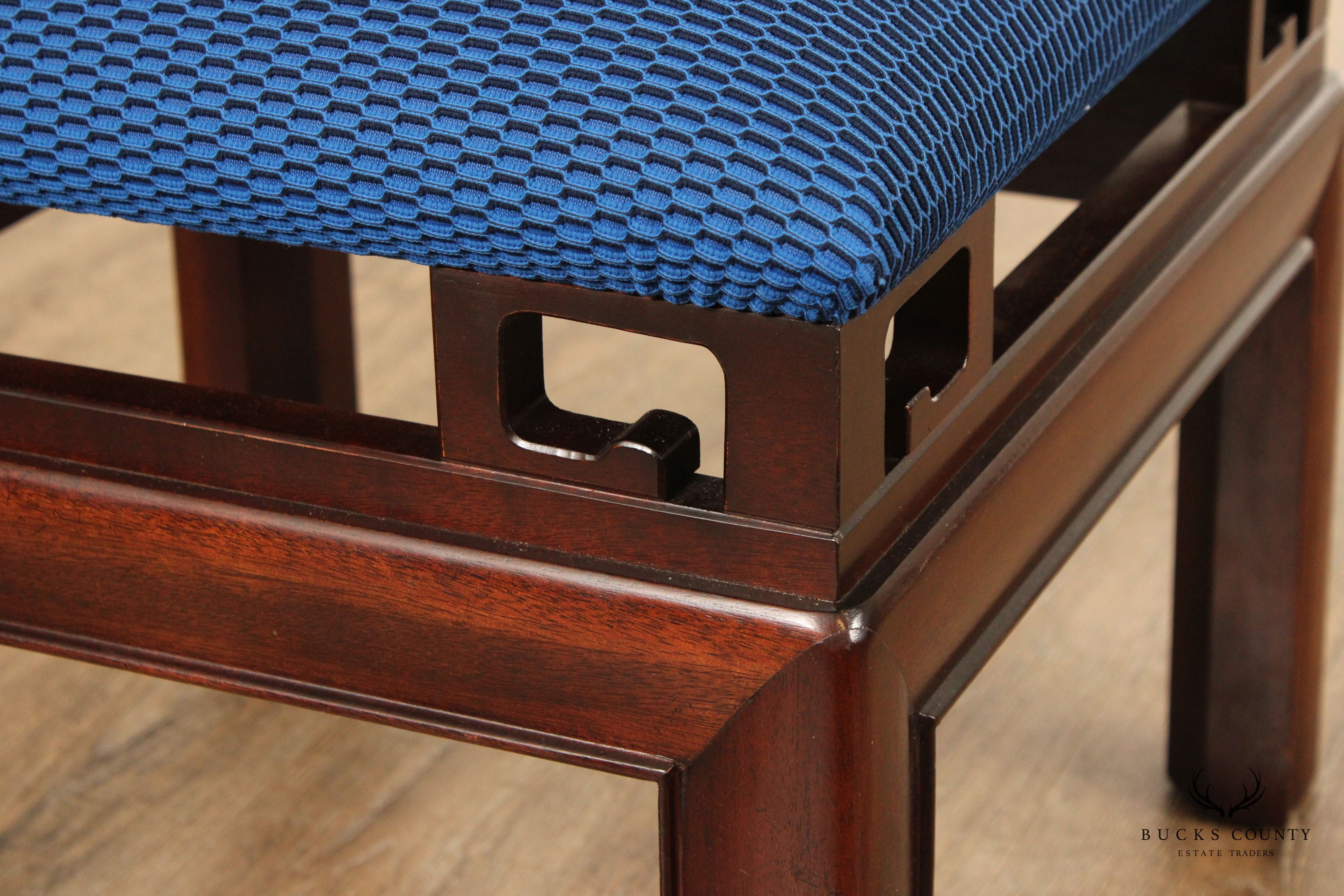 Asian Inspired Pair of Carved Mahogany Upholstered Stools