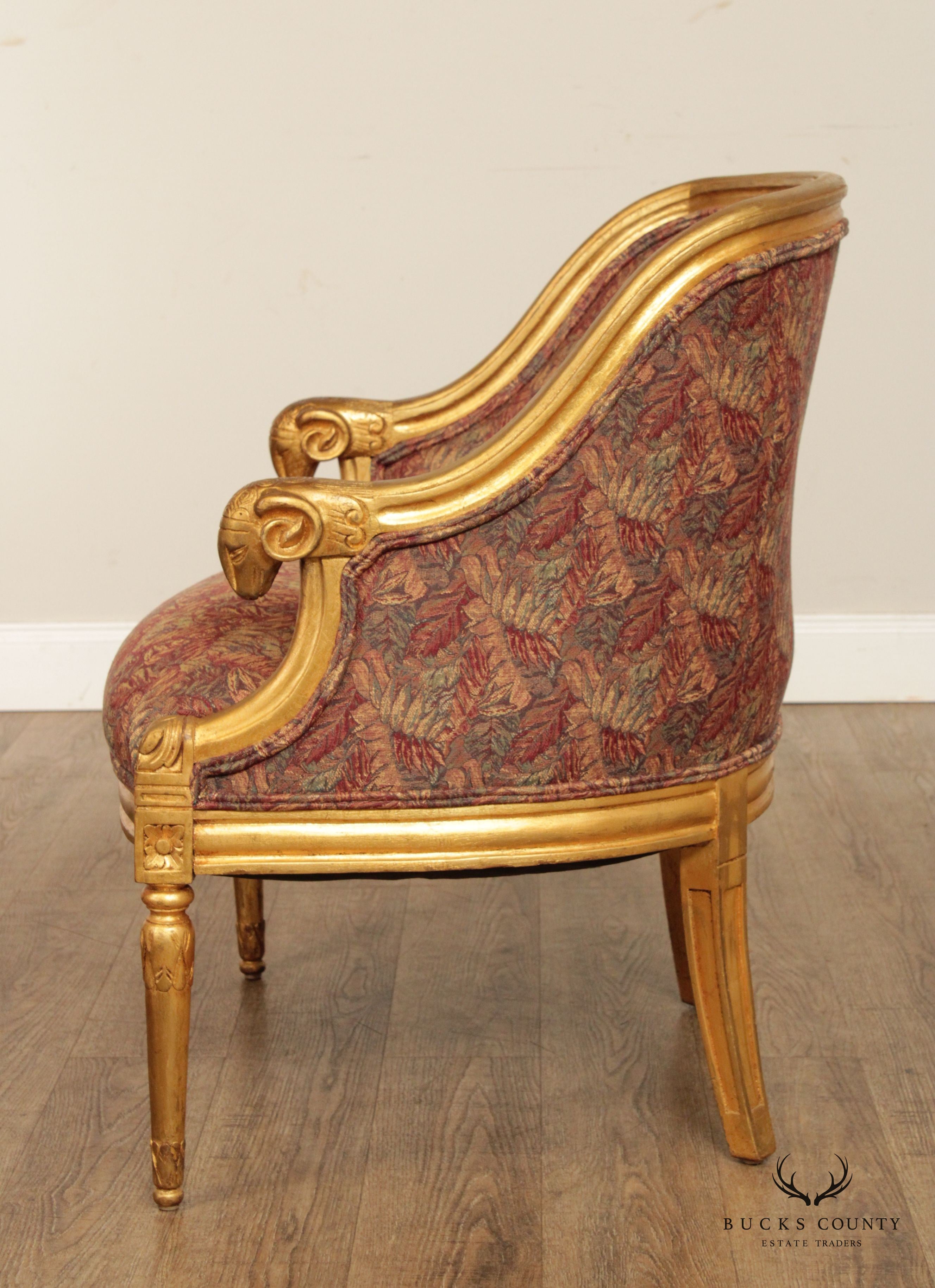 French Empire Style Gilt Rams Head Pair Barrel Club Chairs