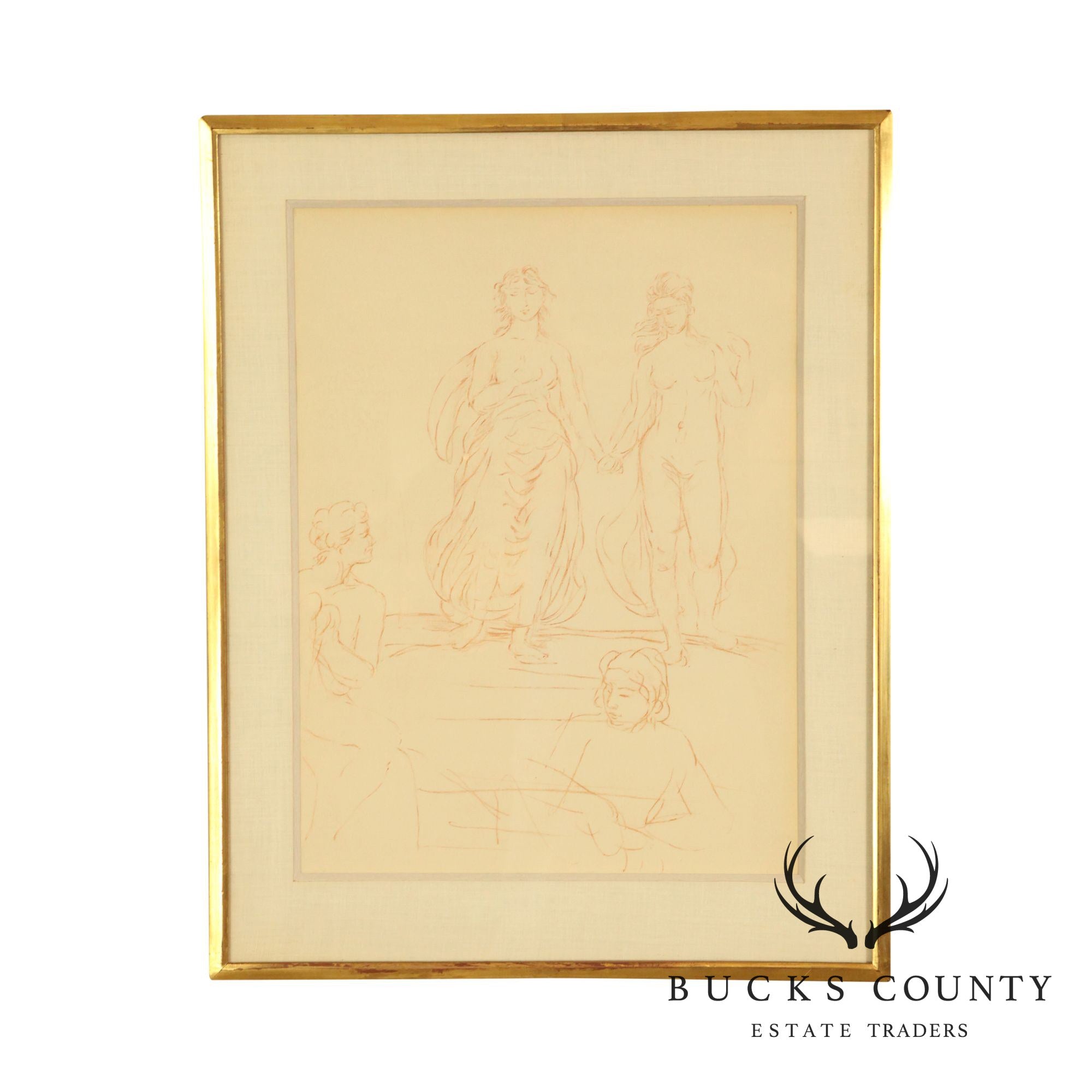 Hans Von Marees, Framed Sanguine Lithograph Artist Drawing of Women (B)