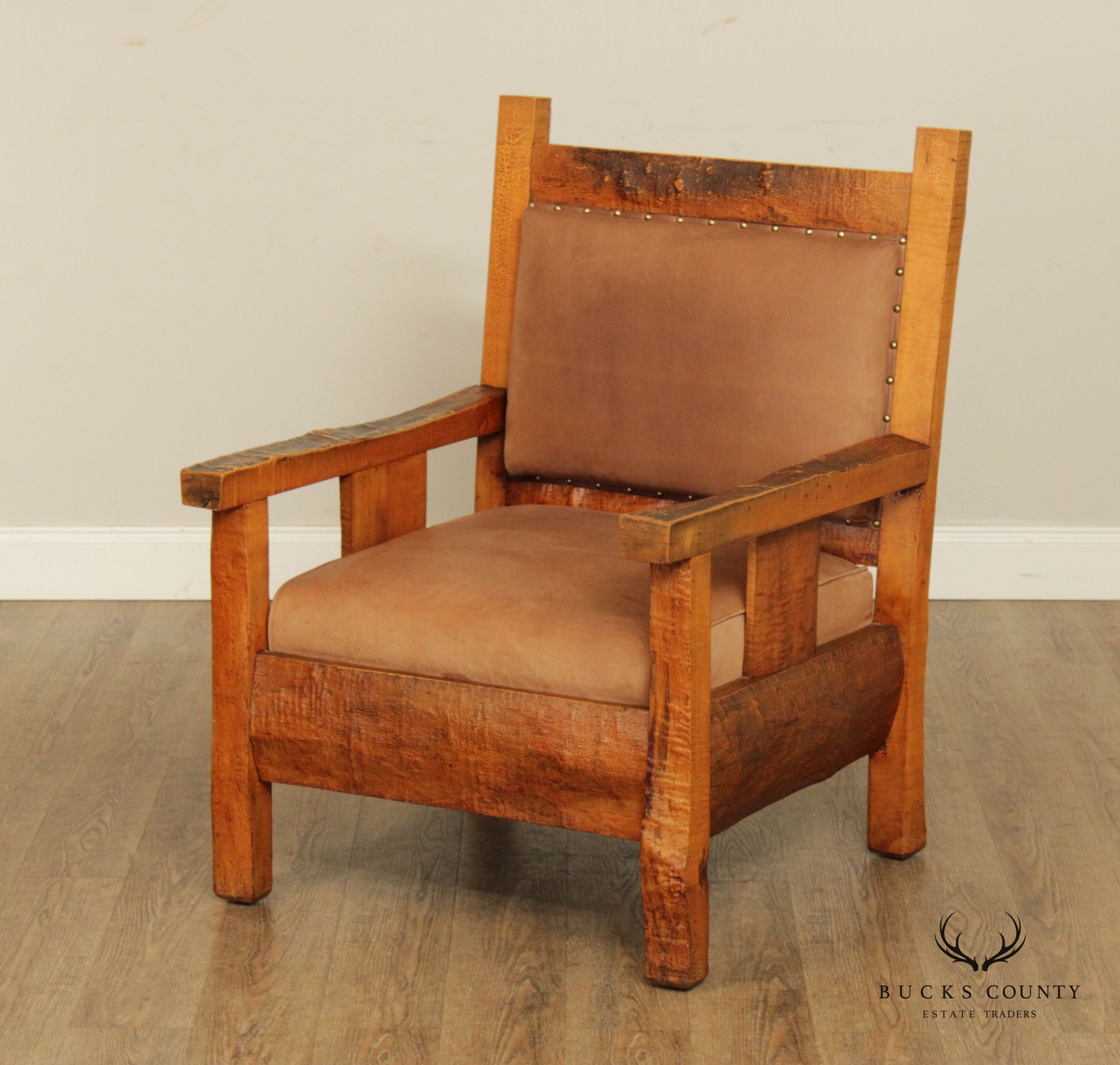 Antique Adirondack Tiger Maple and Leather Lounge Arm Chair