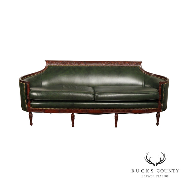 REGENCY STYLE 1930' VINTAGE CARVED MAHOGANY GREEN LEATHER SOFA