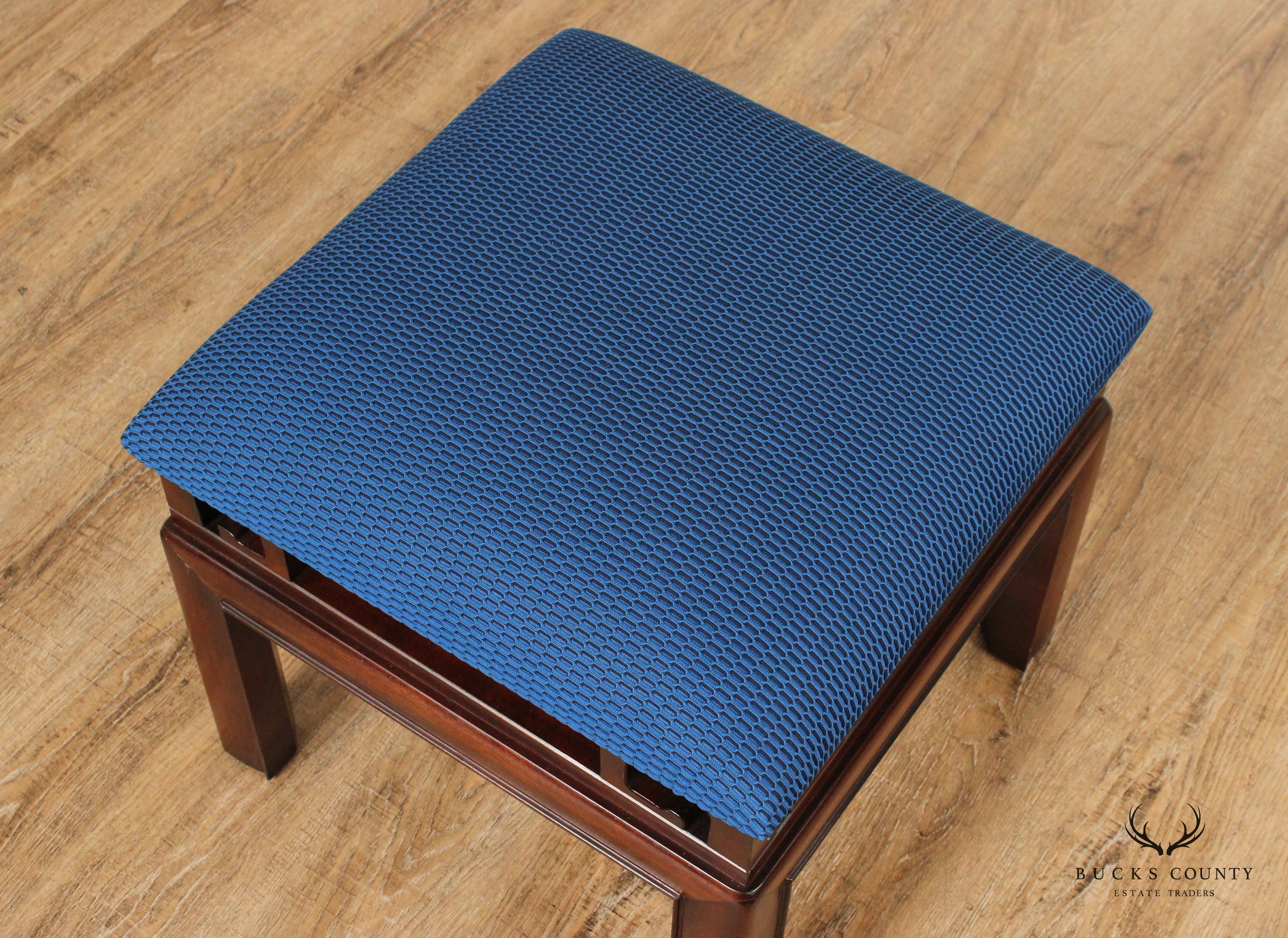 Asian Inspired Pair of Carved Mahogany Upholstered Stools