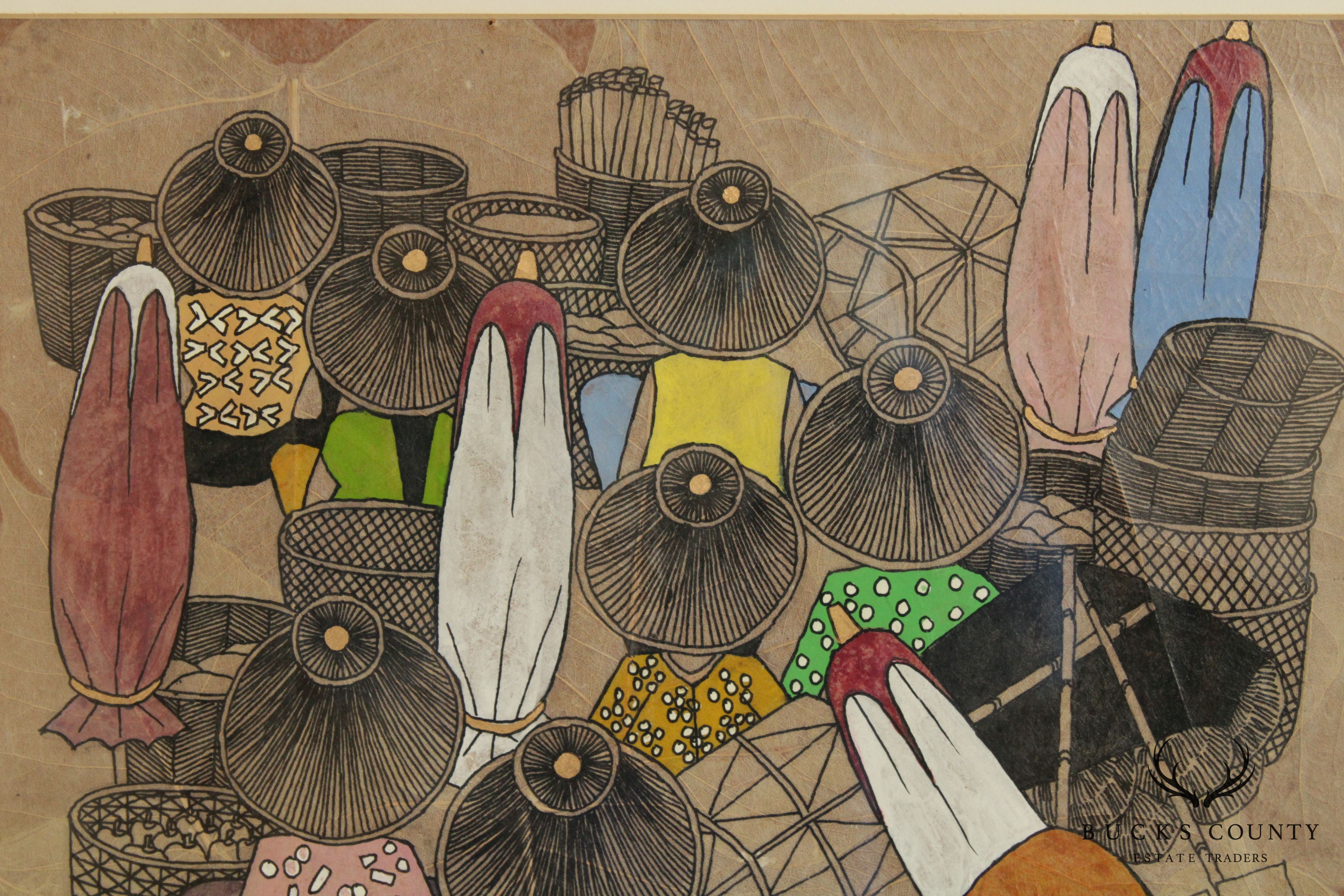 Vintage Thailand Market Original Mixed Media Drawing, Signed