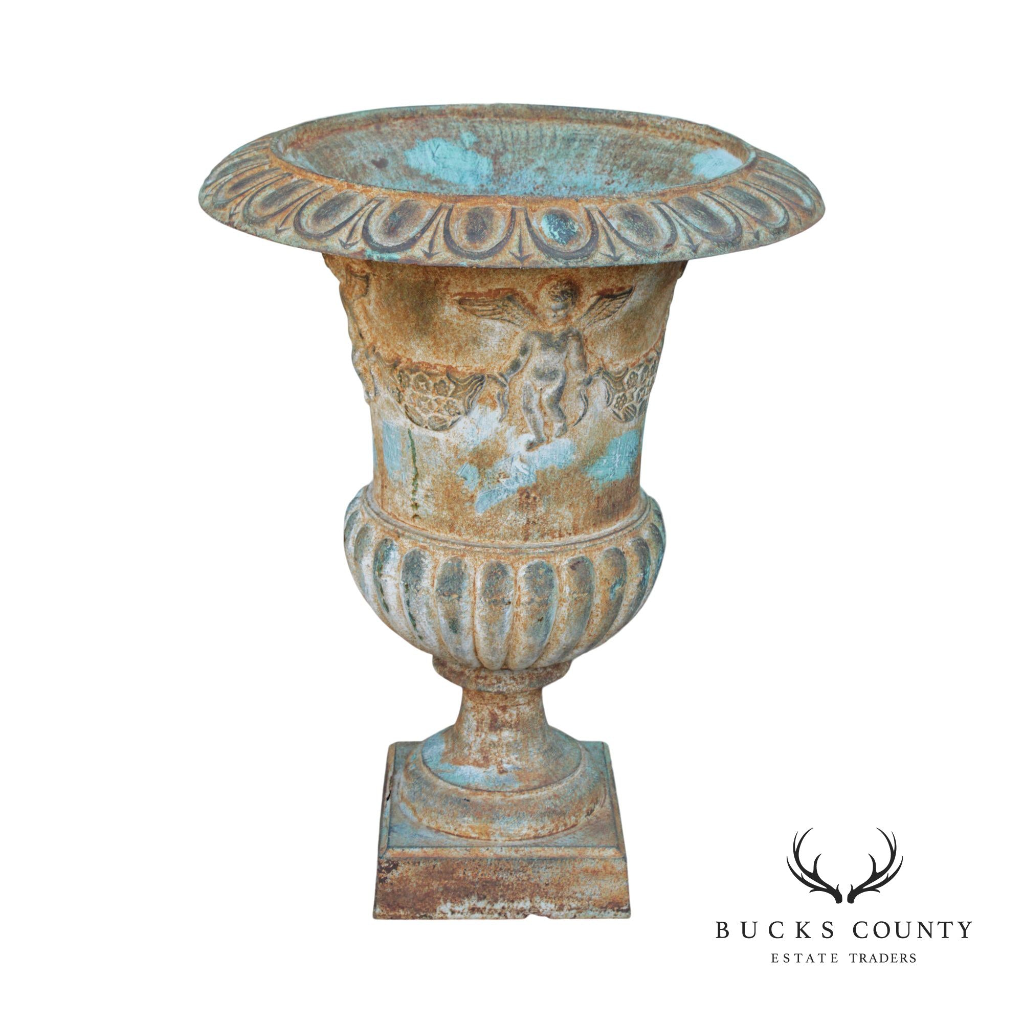 French Style Large Verdigris Cast Iron Garden Urn Planter