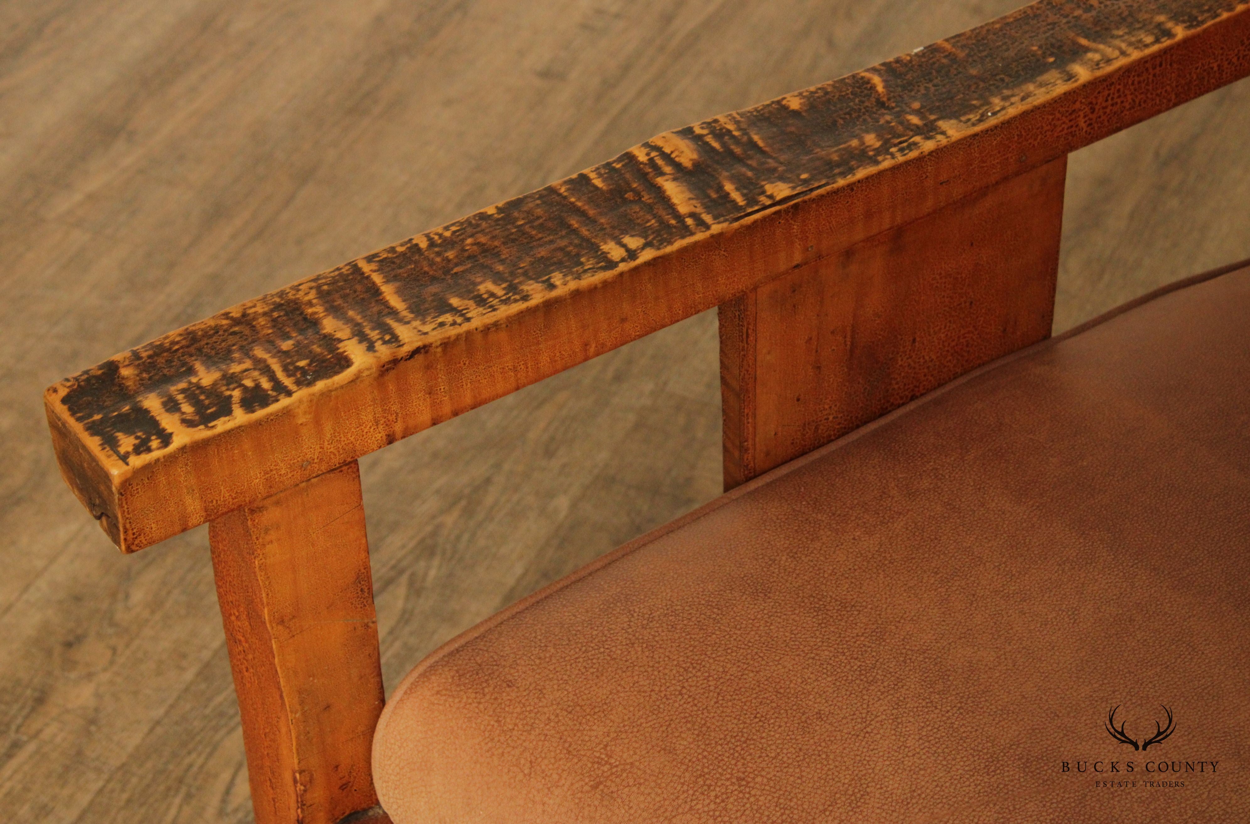 Antique Adirondack Tiger Maple and Leather Lounge Arm Chair