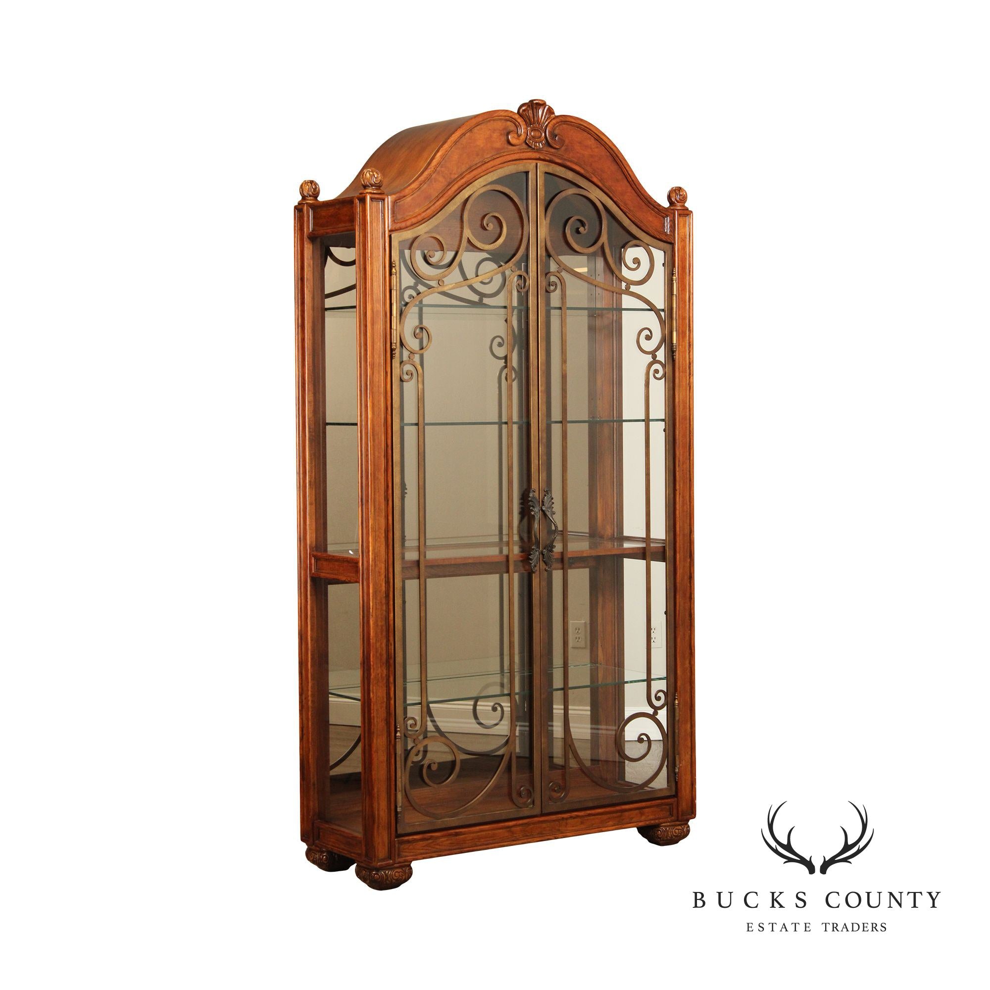 Henredon Tuscan Style Large Scrolled Iron Door Curio Display Cabinet