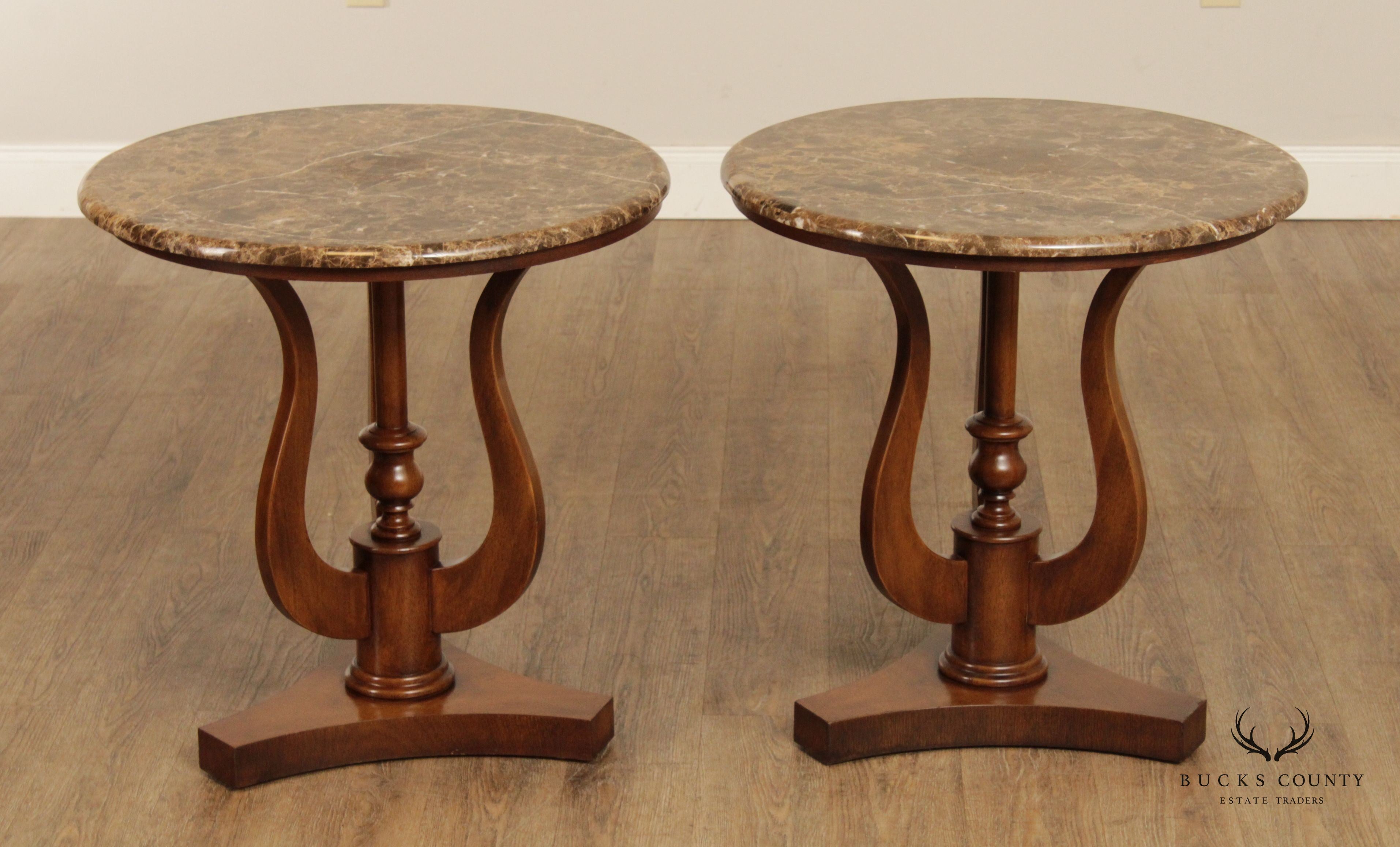Drexel Heritage Empire Style Pair Round Marble Top Side Tables