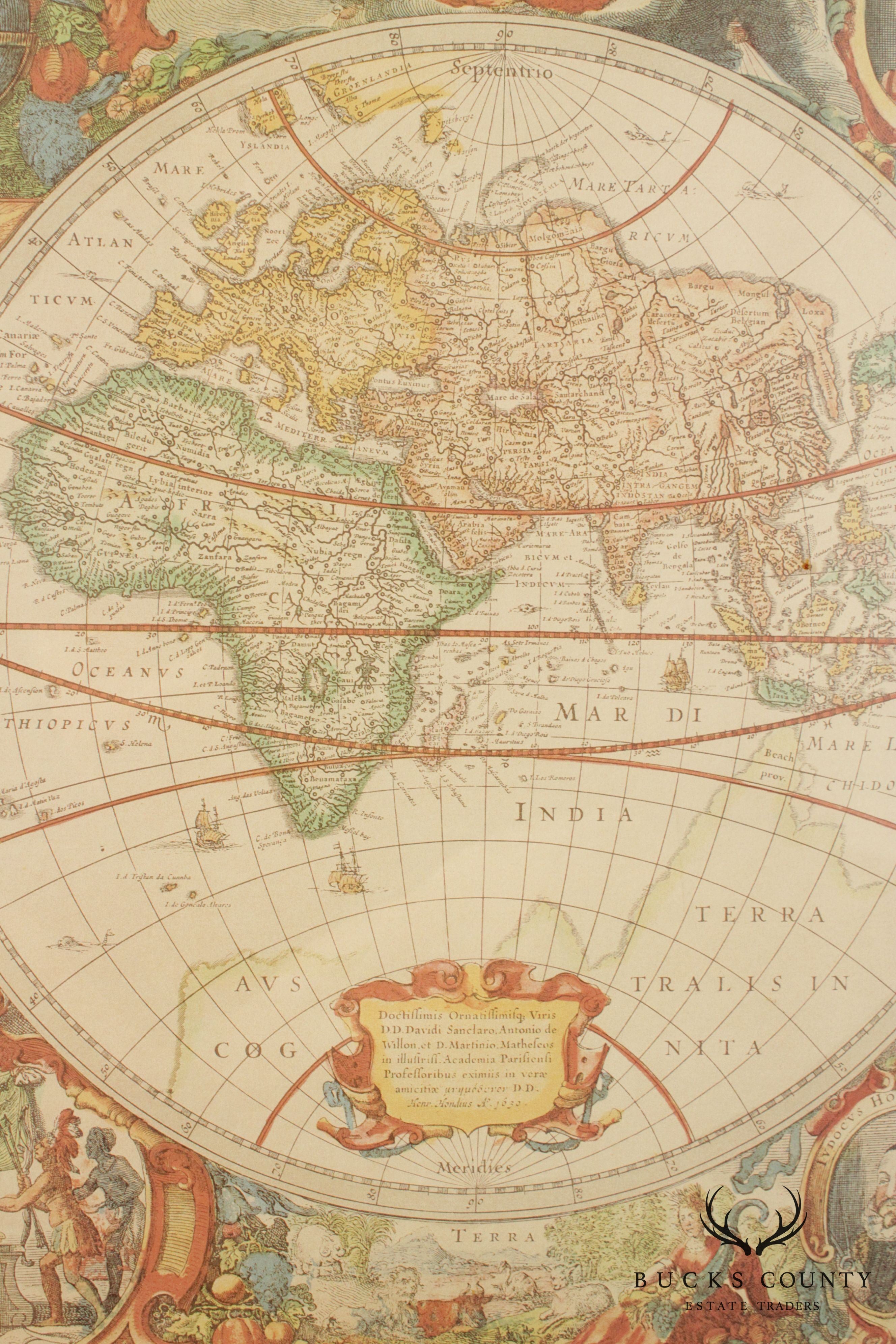 Henricus Hondius Reproduction World Map, 1630 in Giltwood Frame