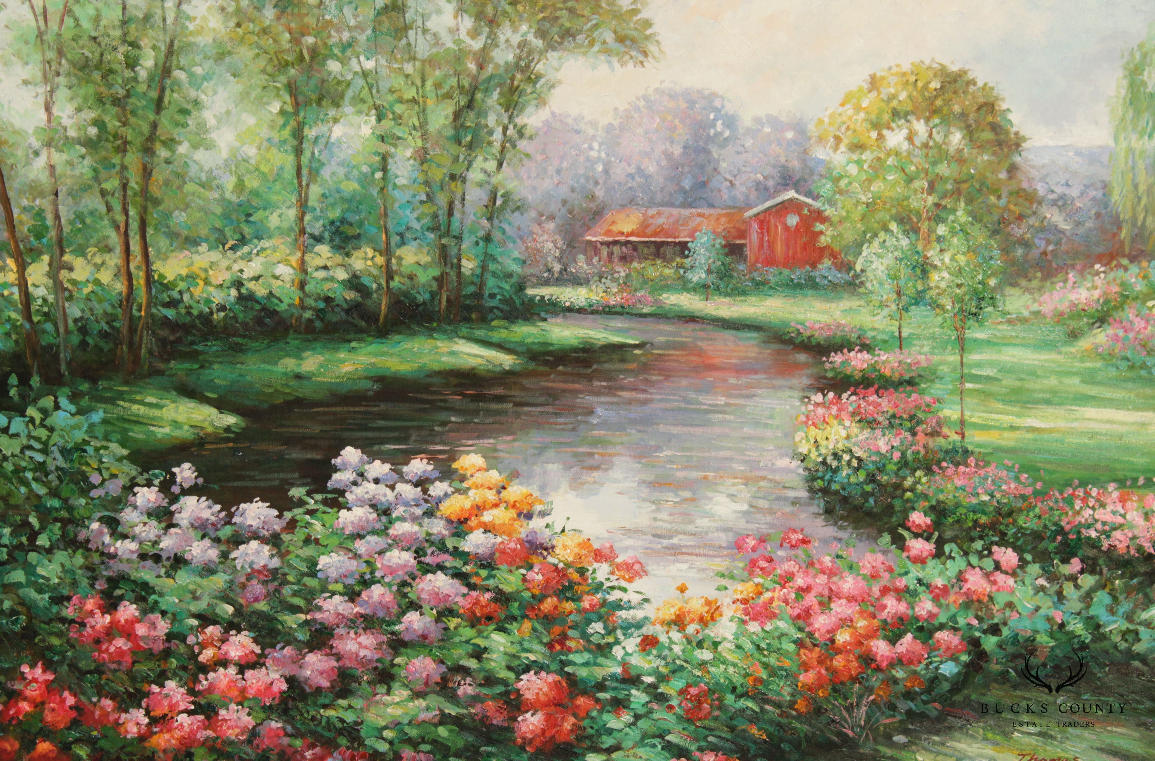 Vintage Impressionist Garden Landscape Original Oil Painting, Signed Thomas