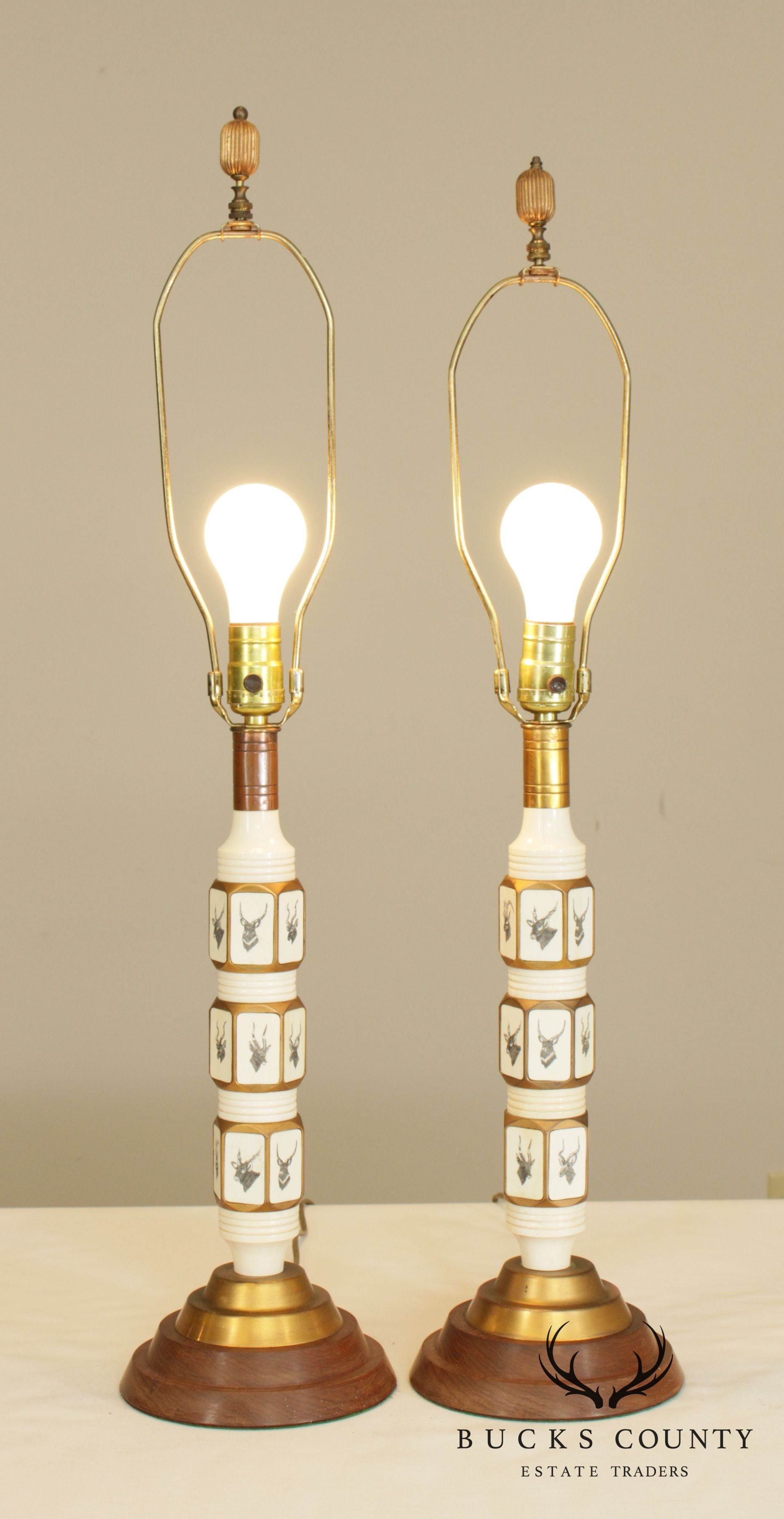 Pair Faux Scrimshaw Table Lamps Etched with Gazelle, Impala, Antelope