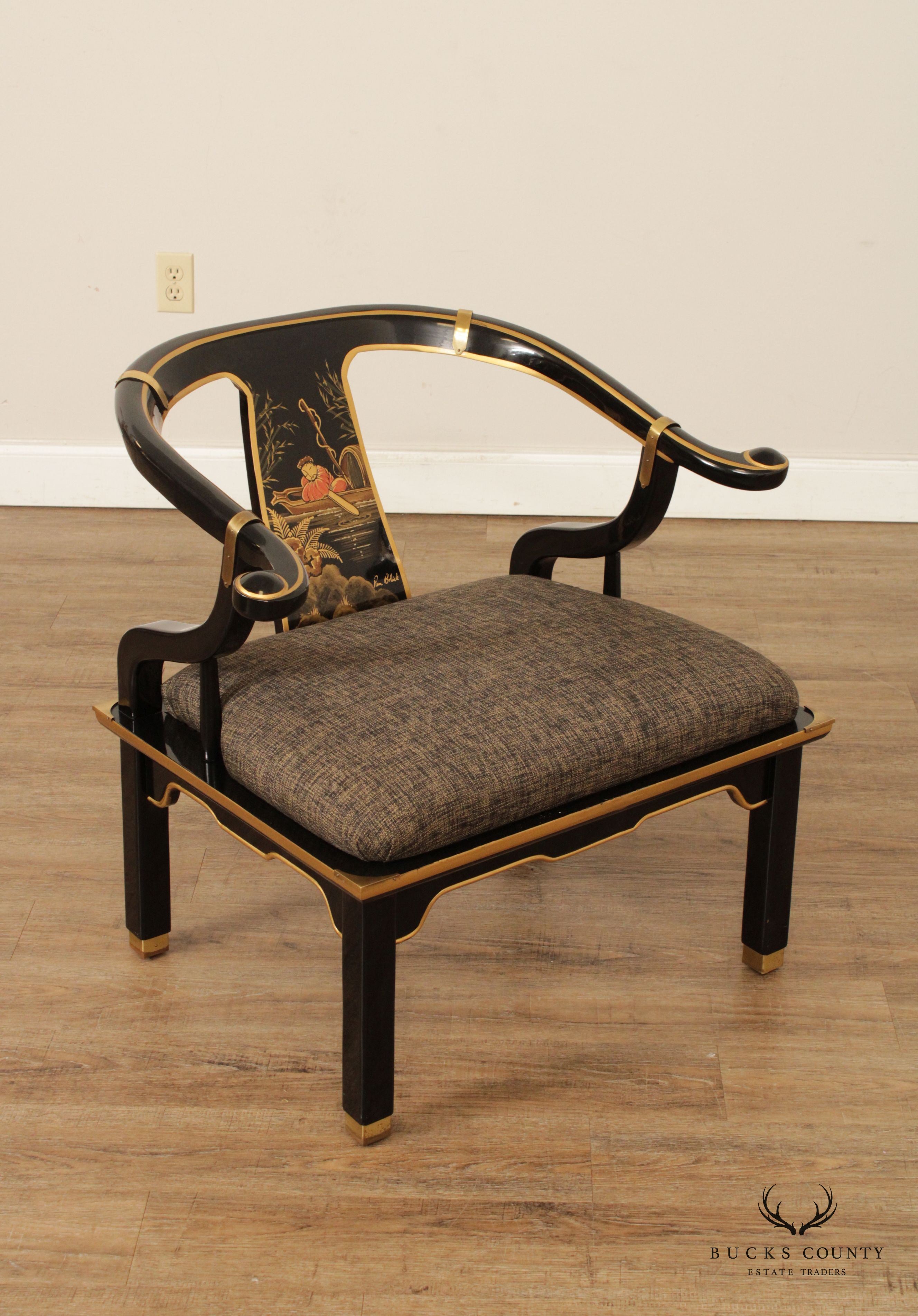 Chinoiserie Decorated Black Lacquer Pair of Horseshoe Armchairs