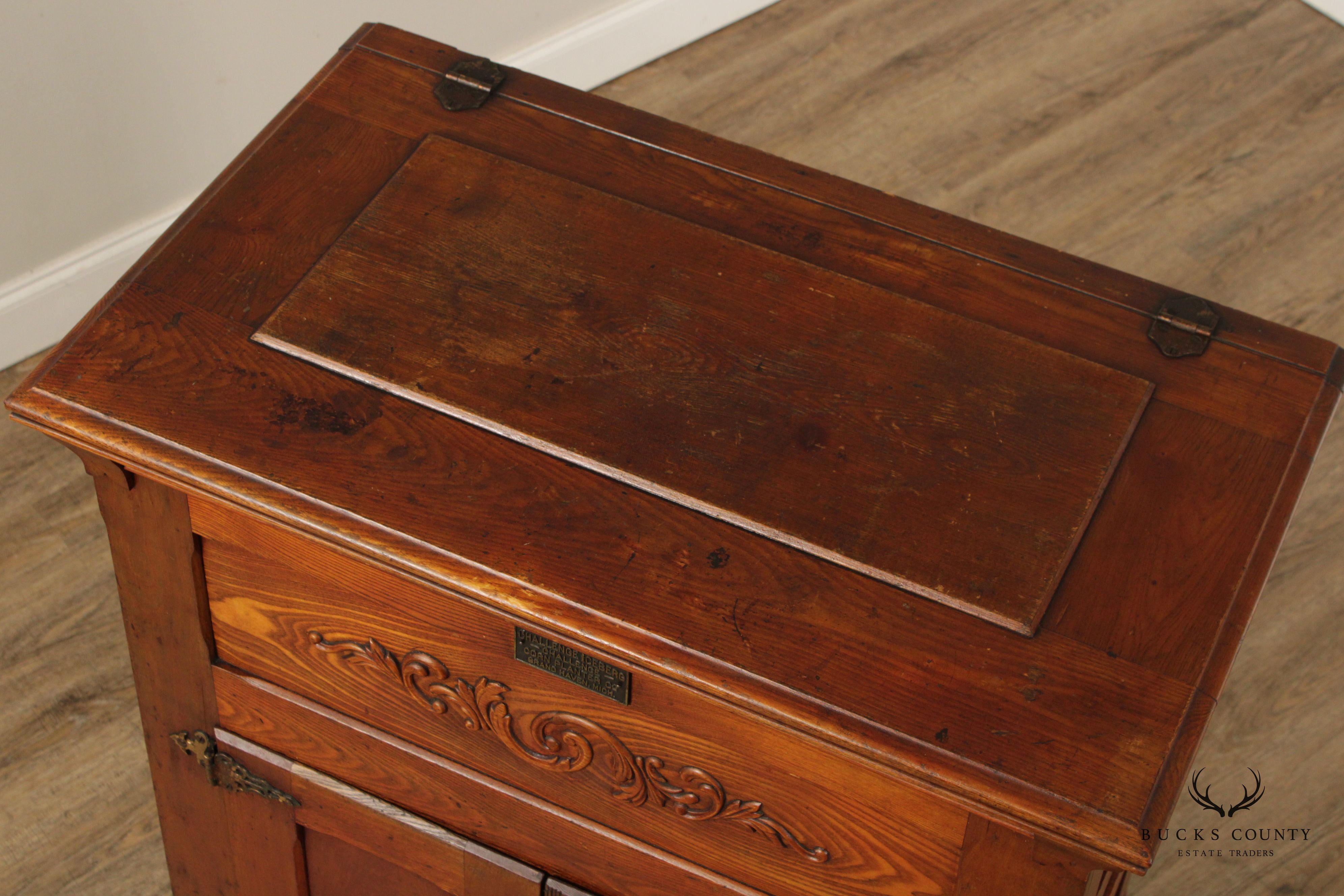 Antique Challenge Iceberg Oak and Tin Lift Lid Icebox