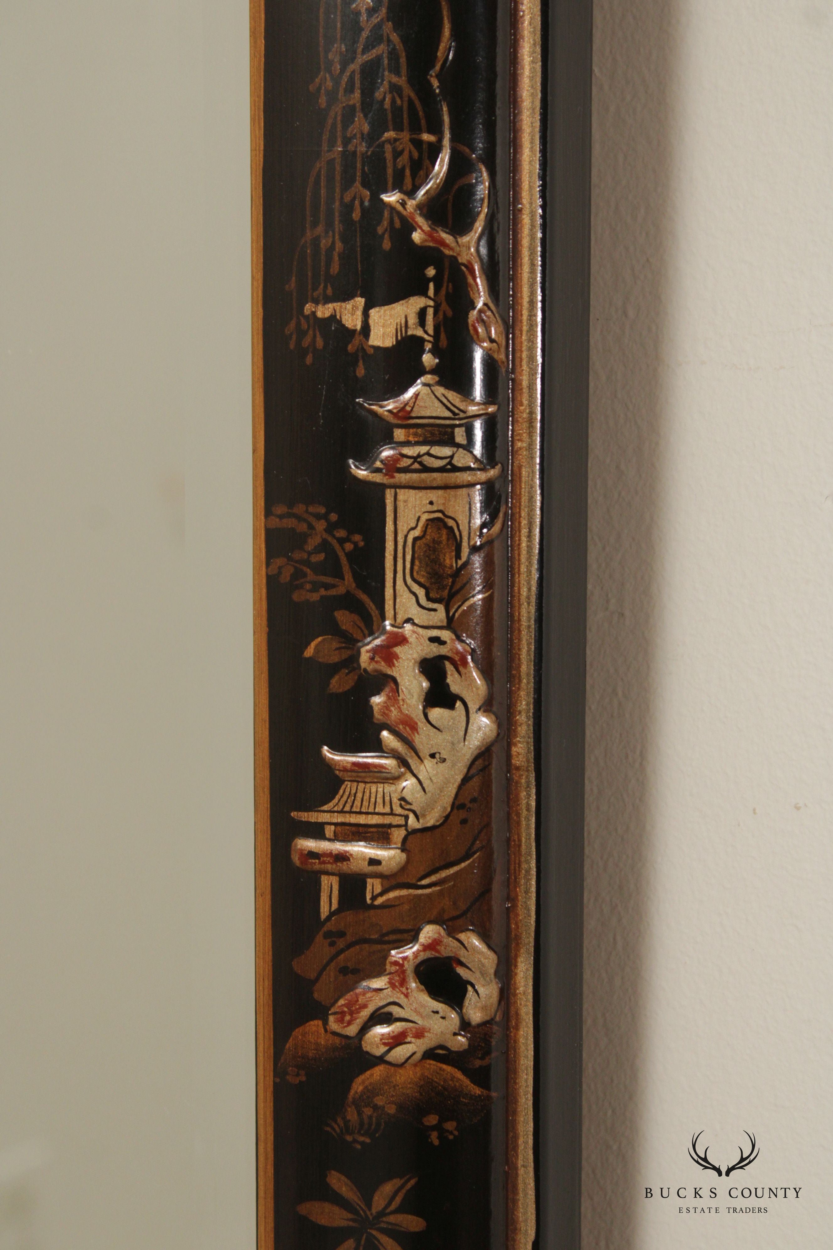 LaBarge Chinoserie Ebonized and Gilt Beveled Wall Mirror
