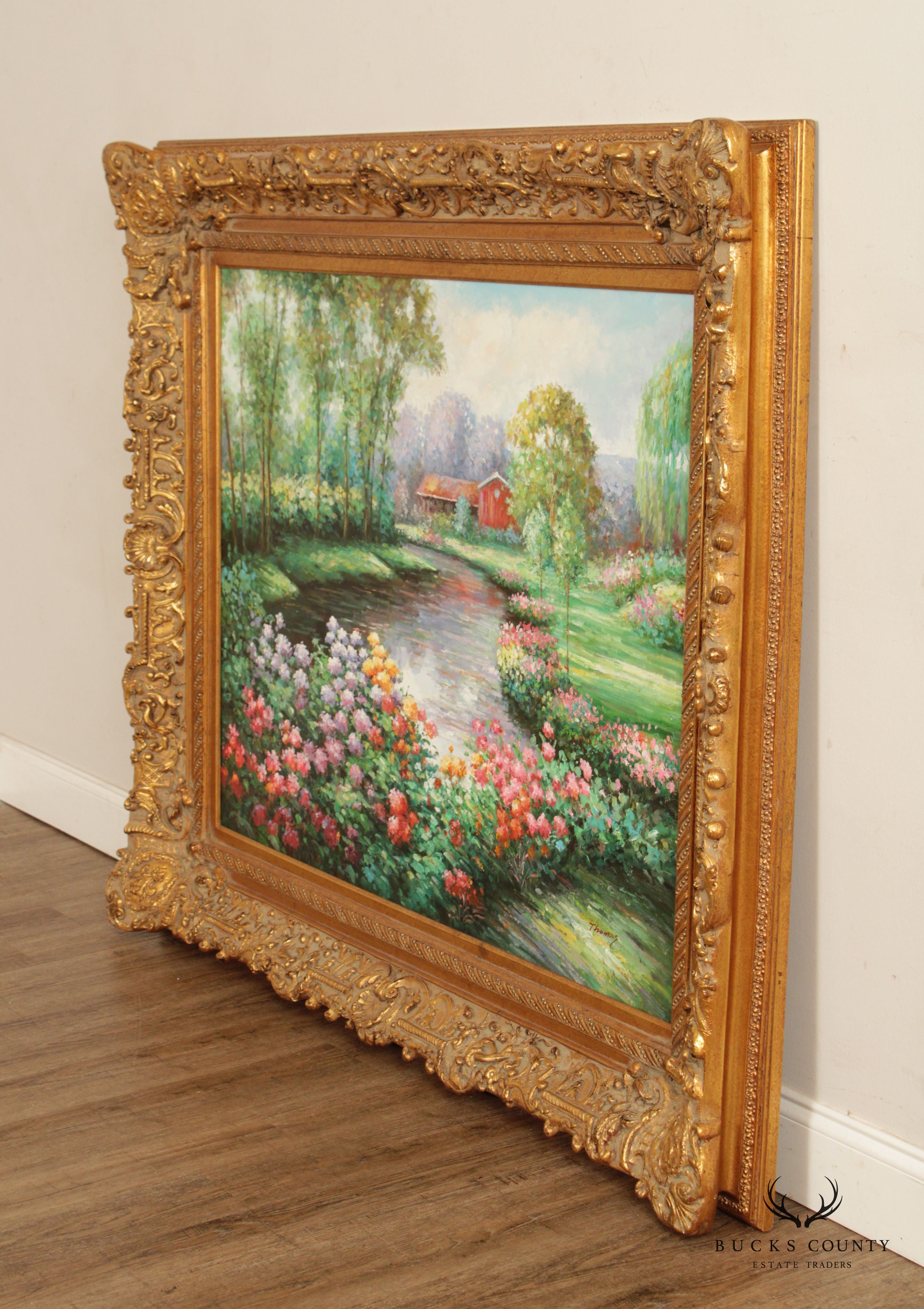 Vintage Impressionist Garden Landscape Original Oil Painting, Signed Thomas