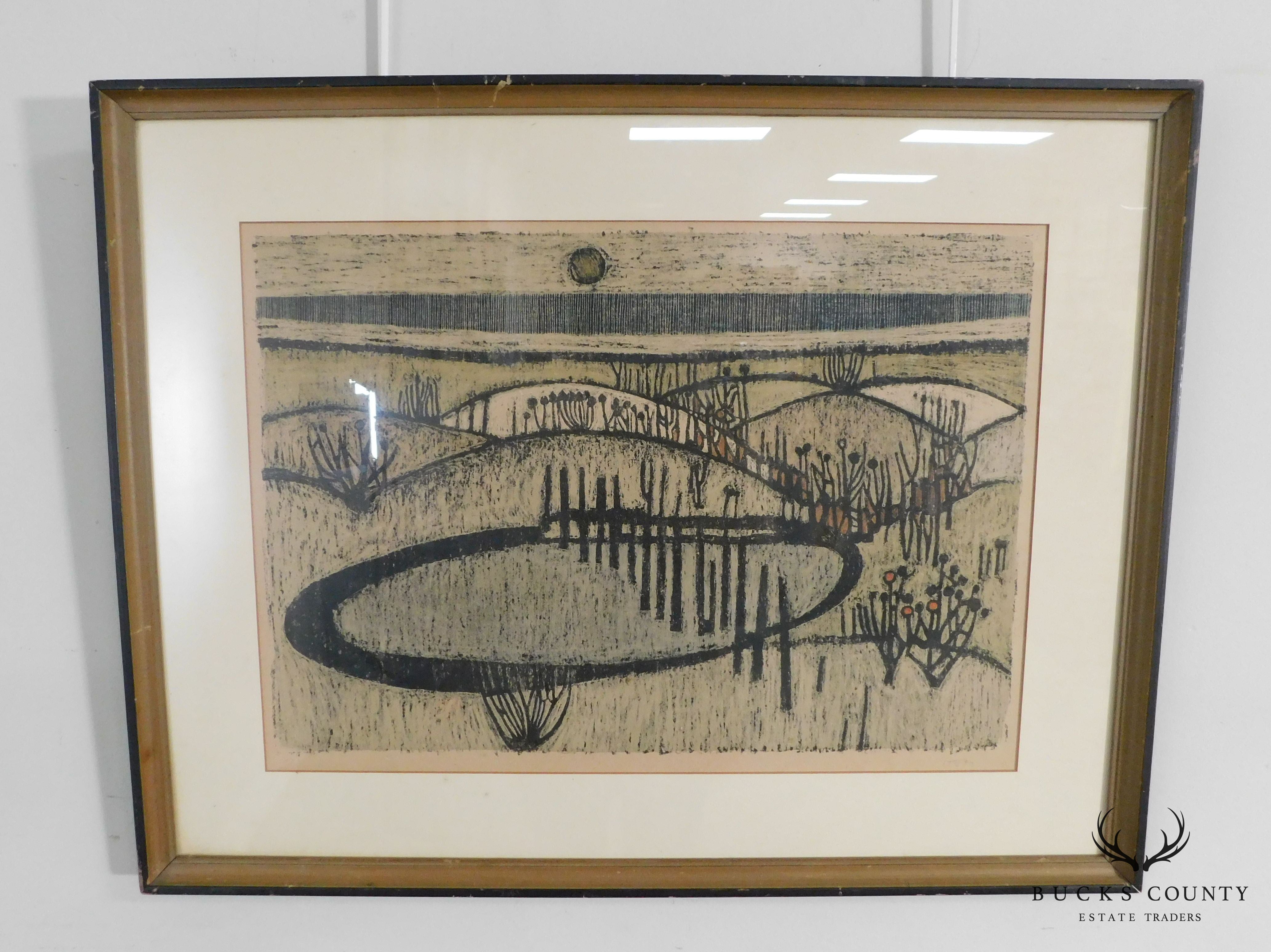 Mid Century Abstract Landscape Woodblock Print
