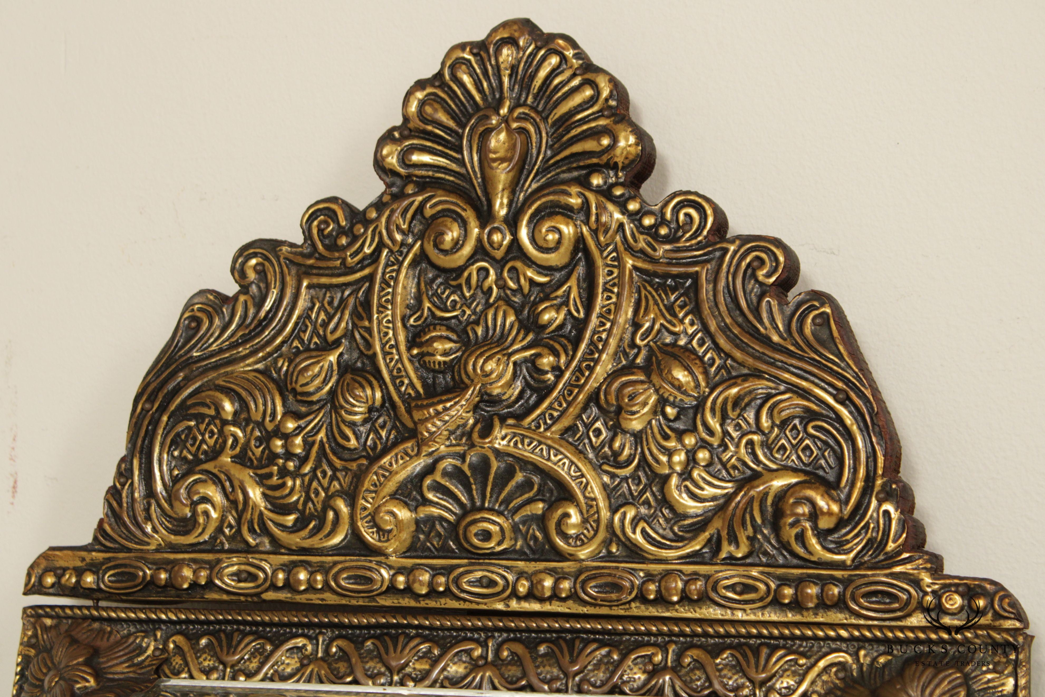 Antique French Repousse Brass Wall Mirror Cabinet