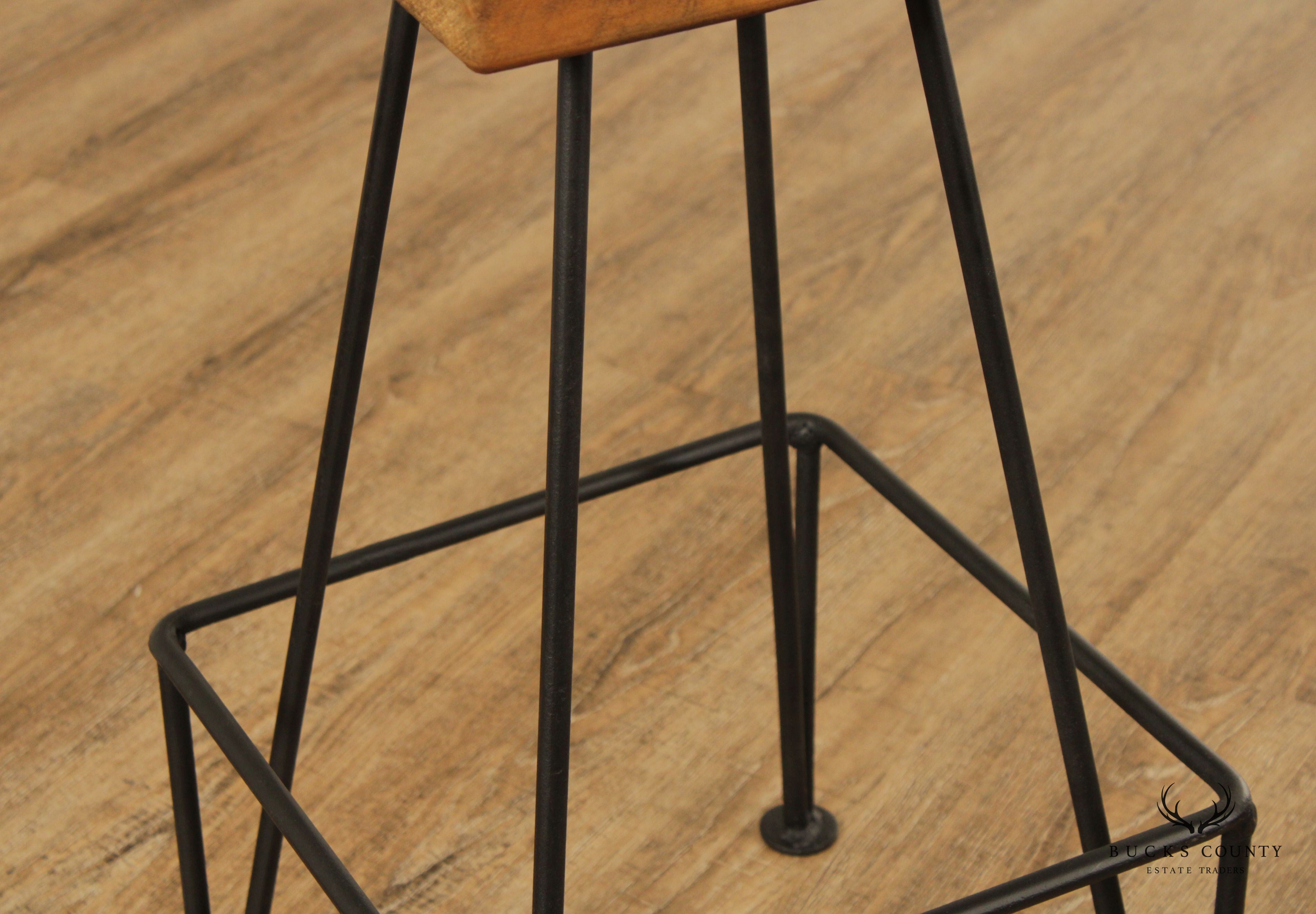 Industrial Midcentury Modern Style Wrought Iron & Wood Drafting or Bar Stool
