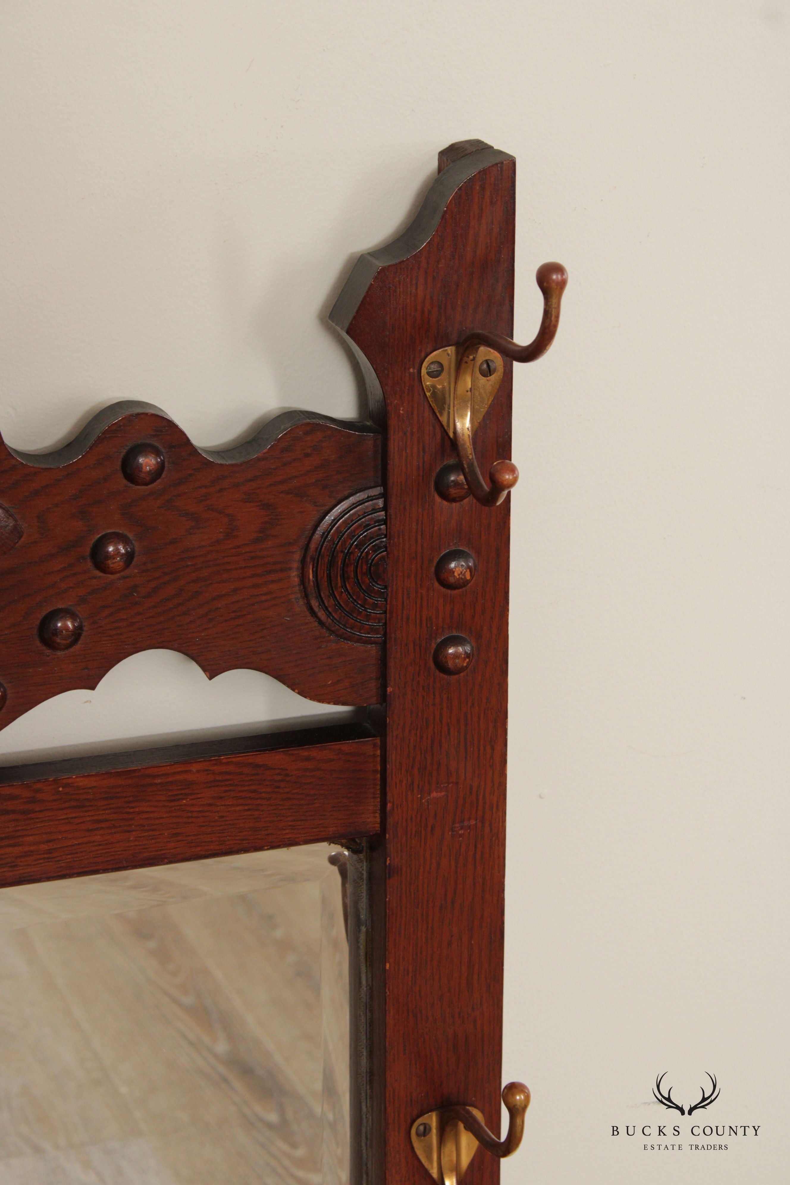 Antique Victorian Oak Hat Rack Wall Mirror