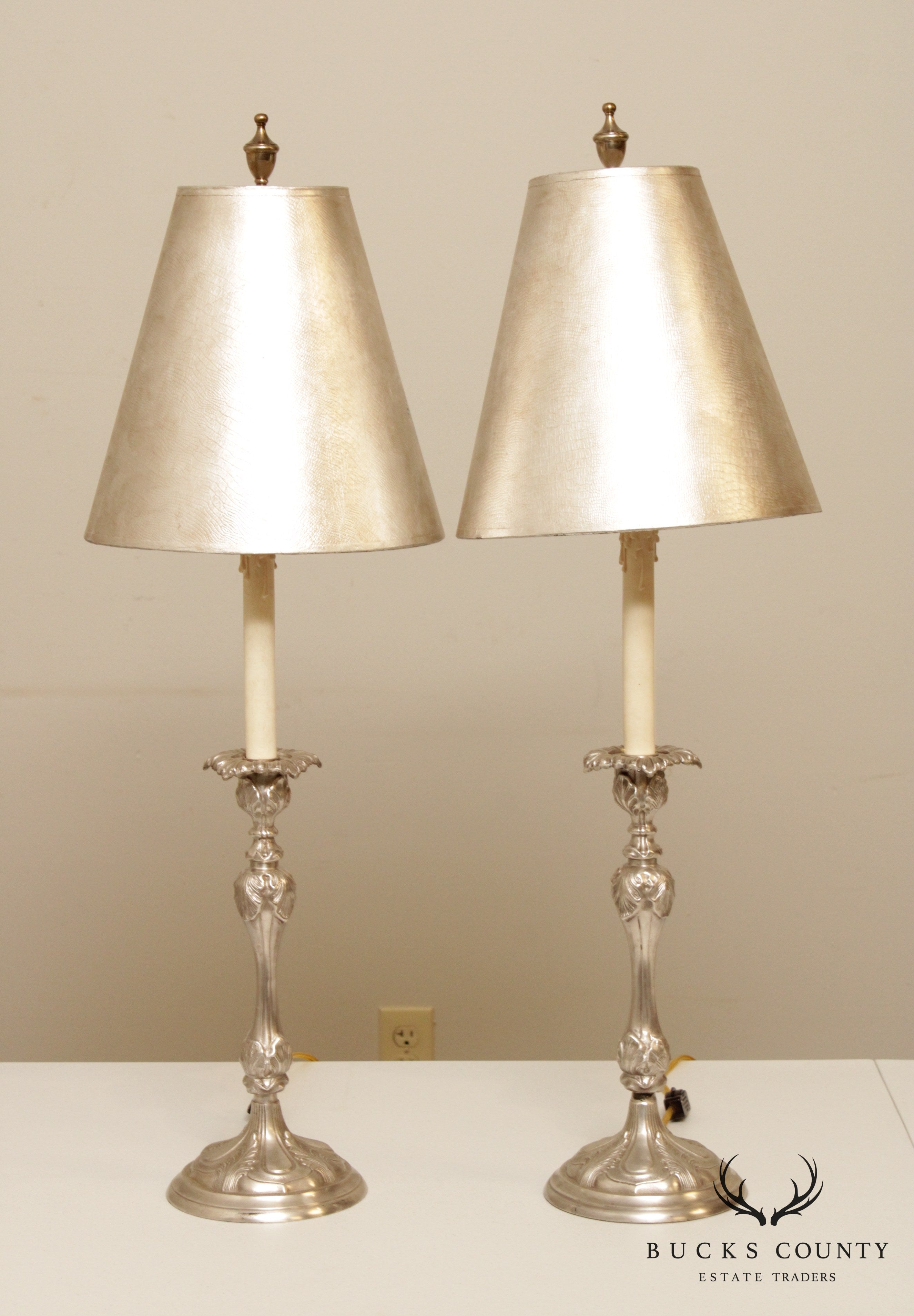 Rococo Style Pair Silvered Brass Candlestick Table Lamps