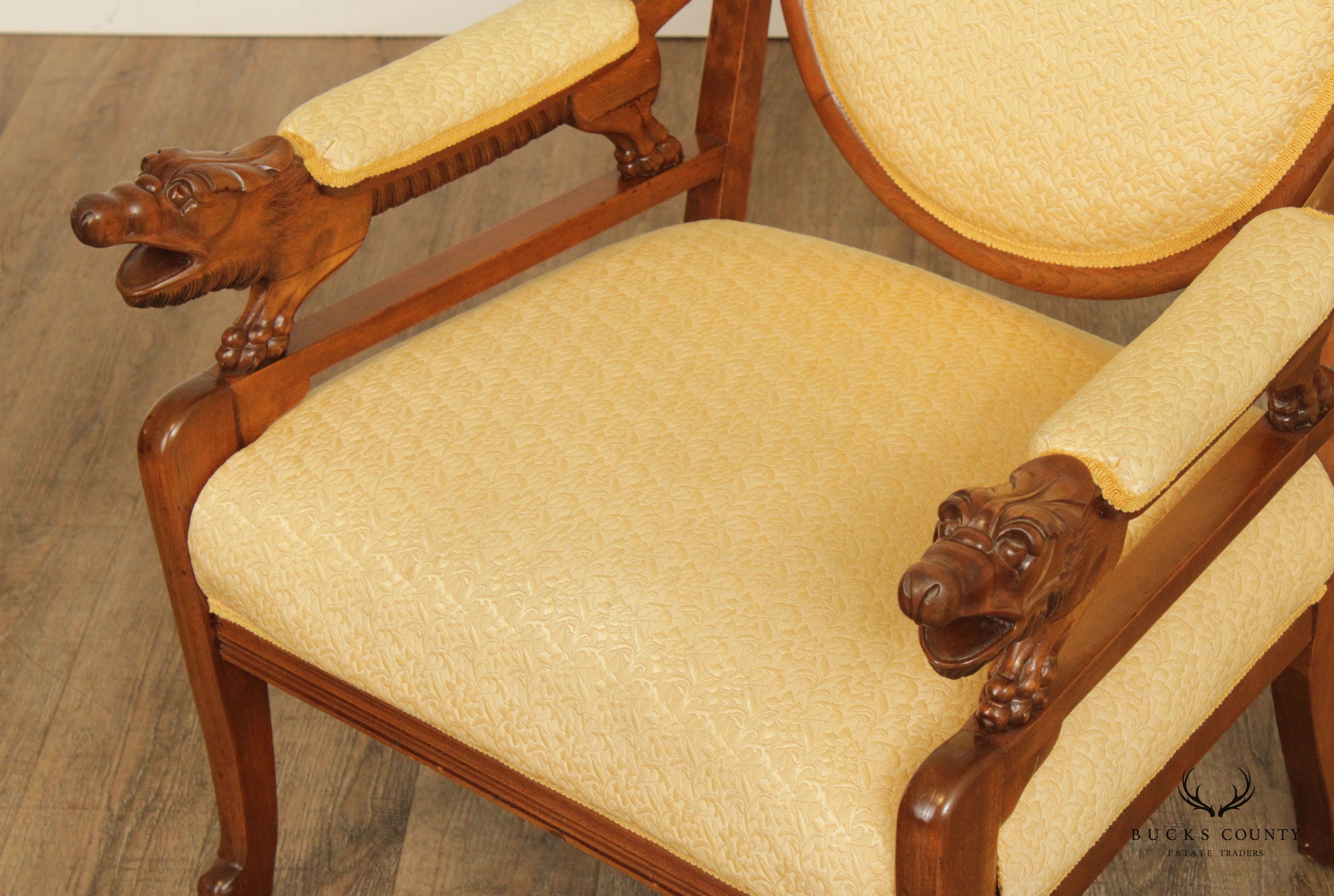 Antique French Empire Style Carved Maple and Beech Fauteuil Armchair