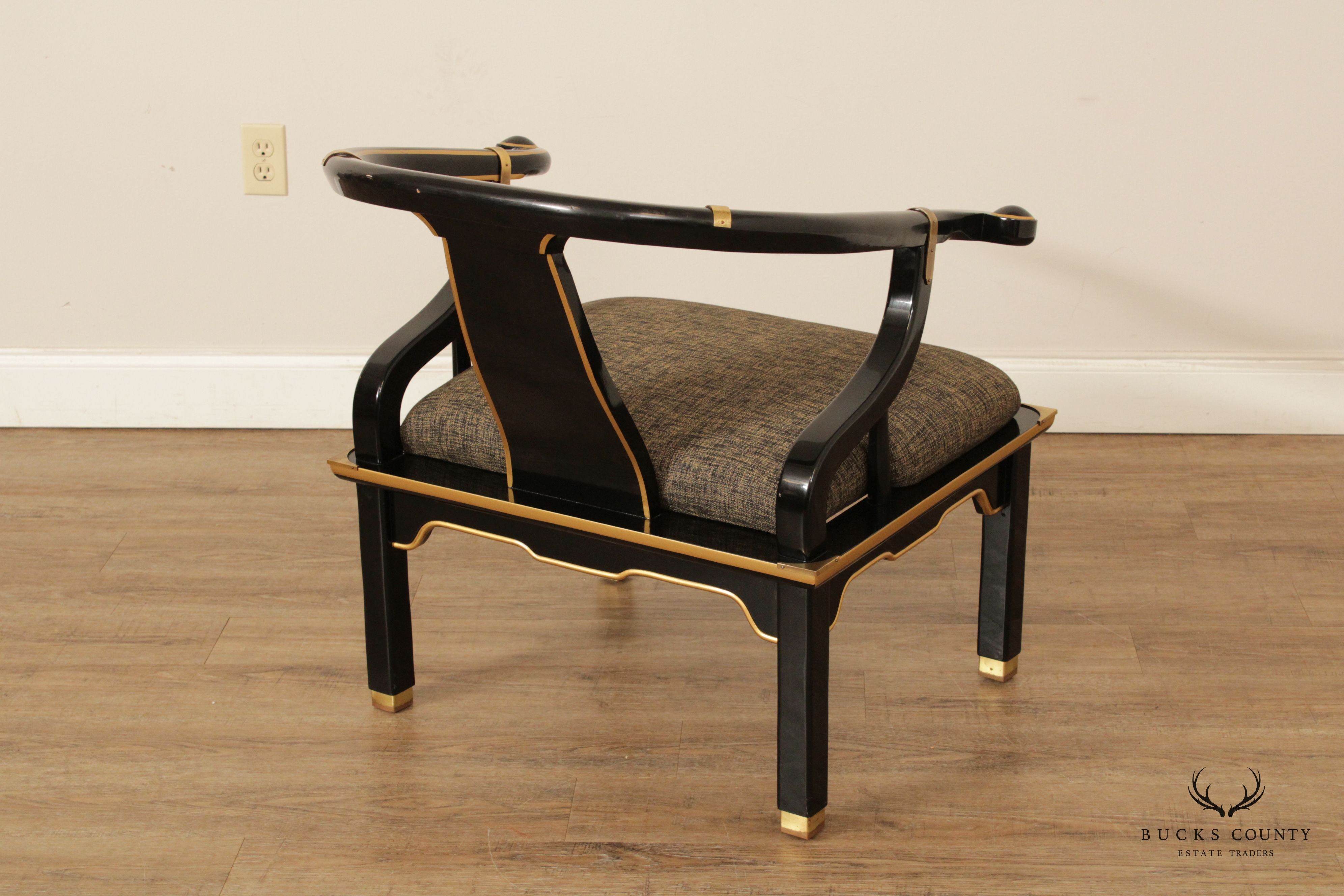 Chinoiserie Decorated Black Lacquer Pair of Horseshoe Armchairs