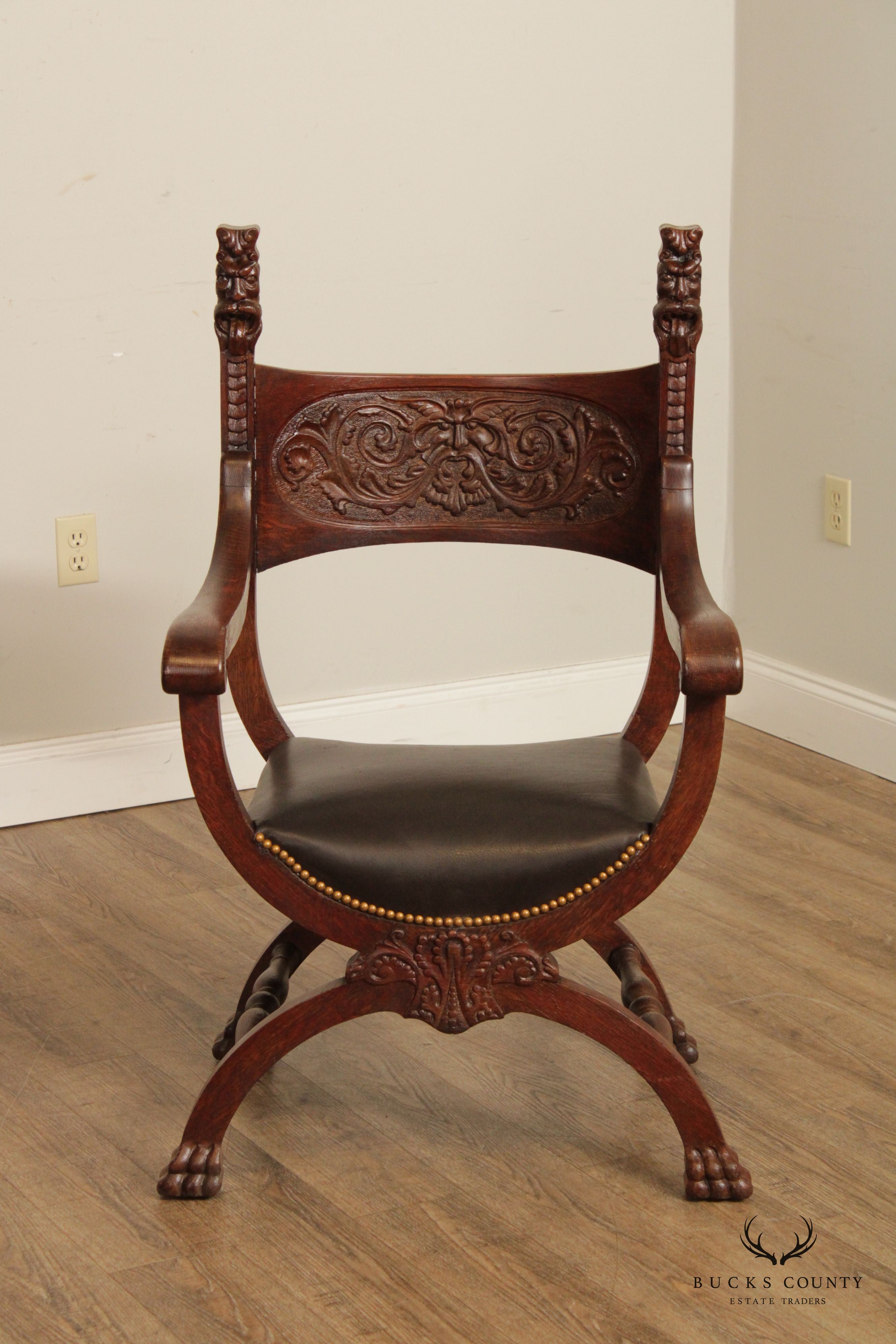 Antique Renaissance Revival Oak Carved Savonarola Armchair