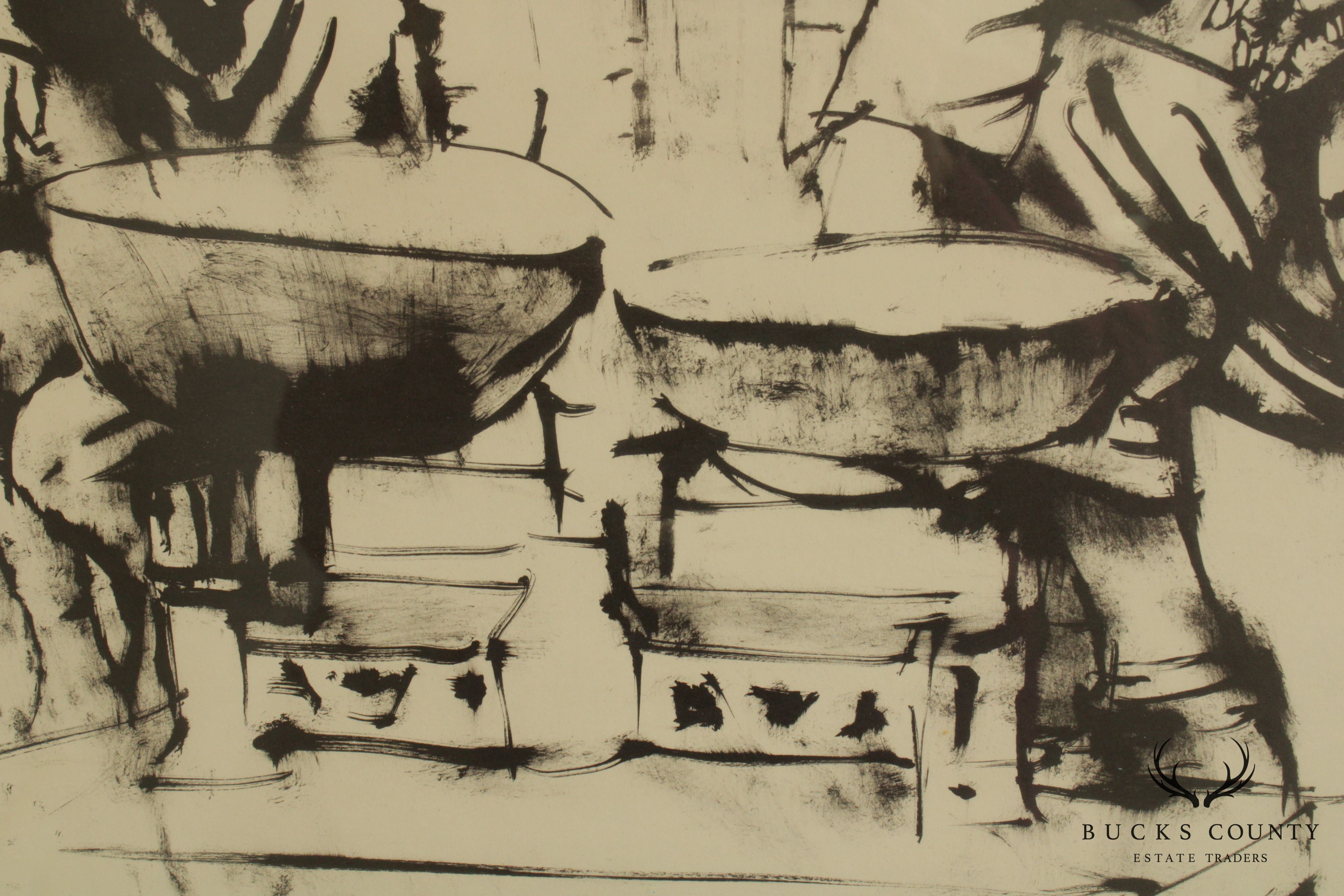 Moshe Gat Modernist Lithograph Old Man & Boy Signed in Pencil # 148/150