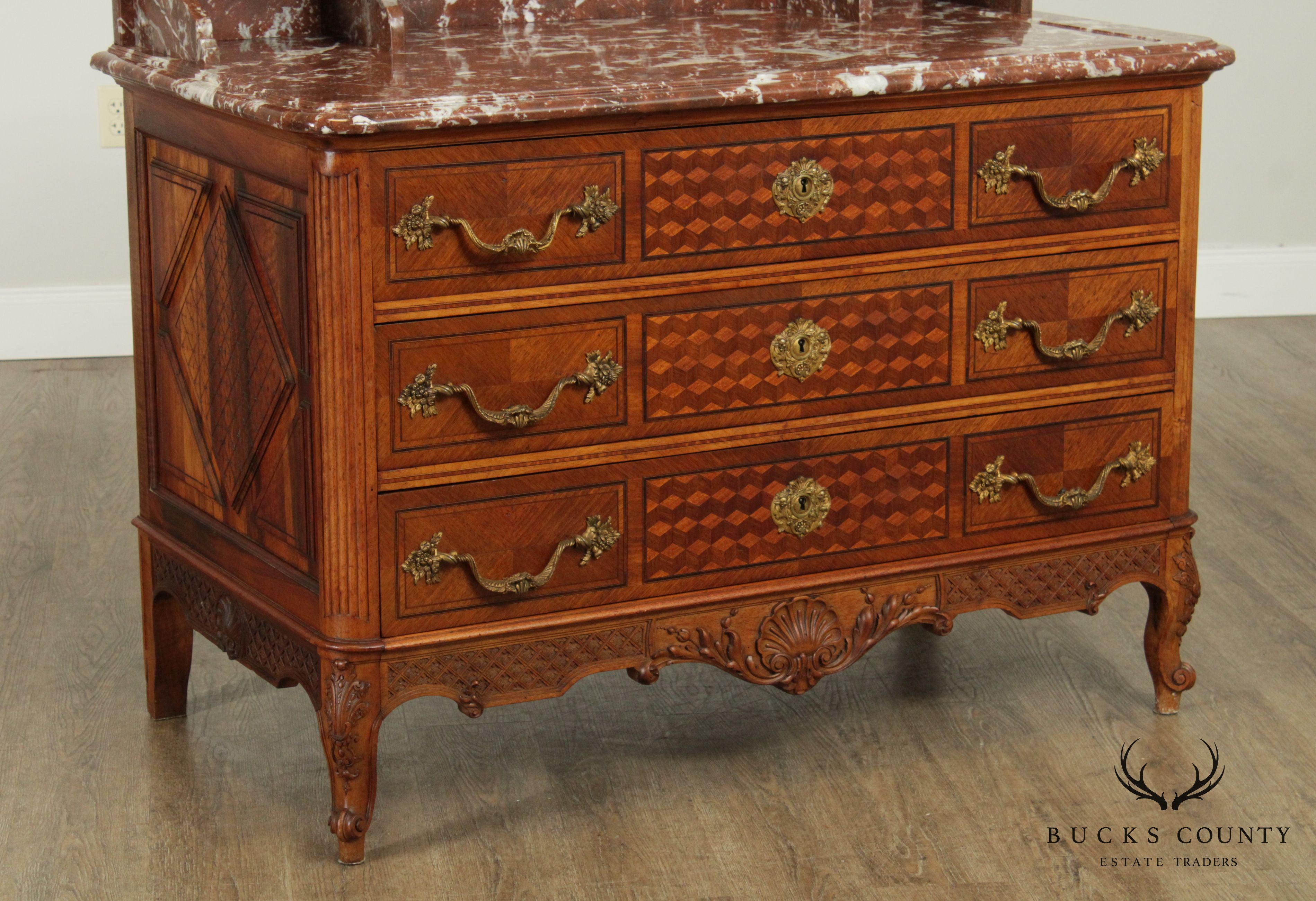 Fine Antique French Louis XV Walnut Marble Top Parquetry Inlaid Commode Wash Stand
