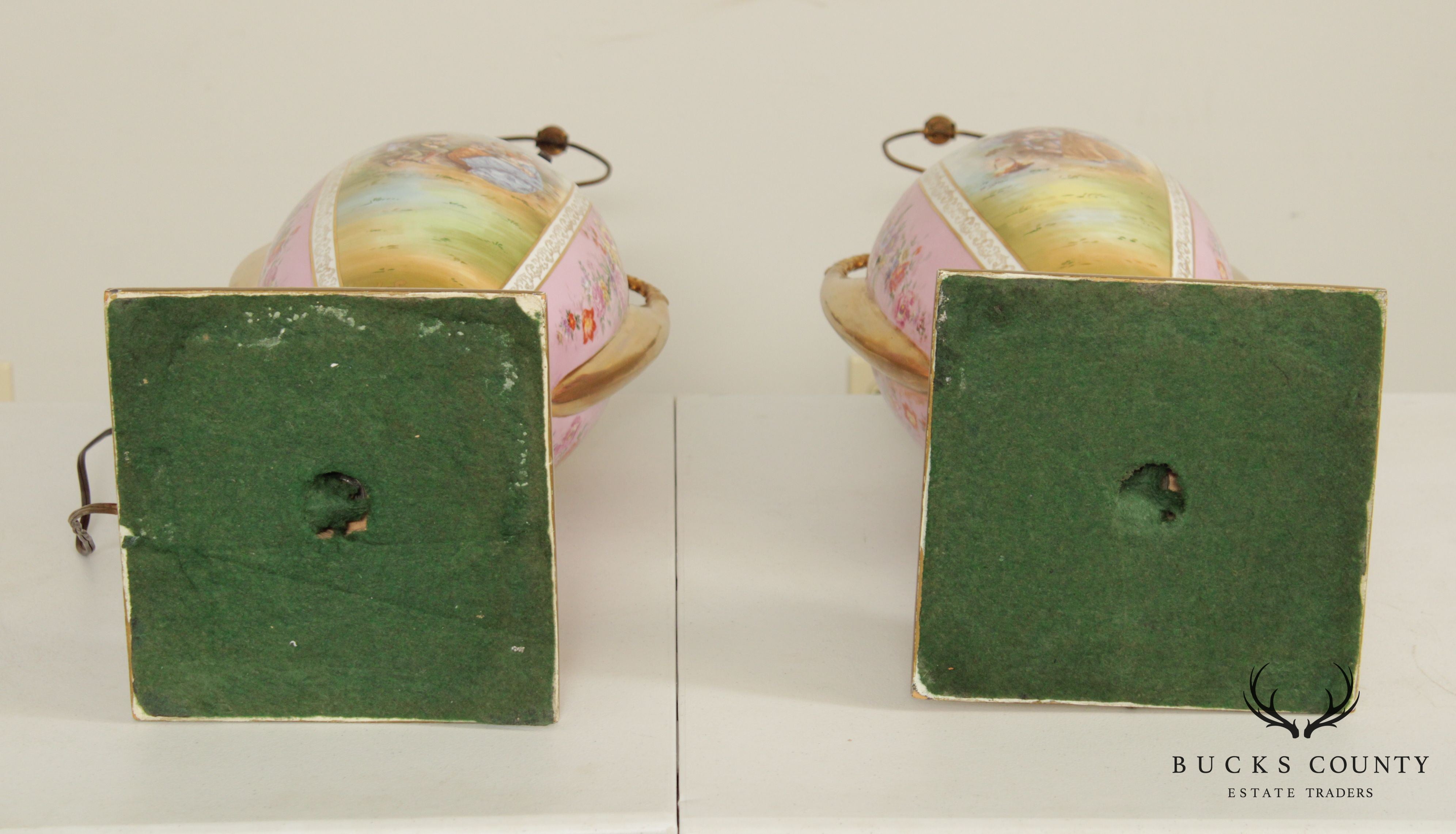 Louis XVI Style Hand Painted Porcelain Urn Form Pair Table Lamps