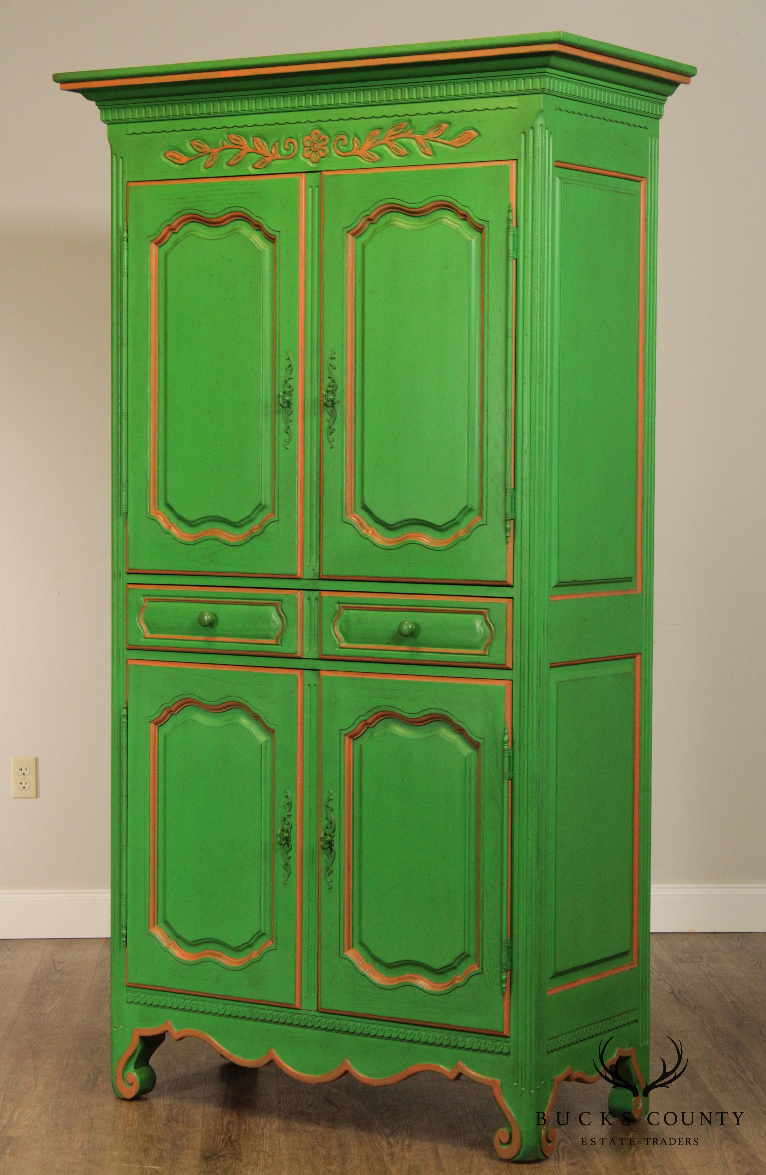 French Louis XV Style Custom Green Painted Pair Large Armoires
