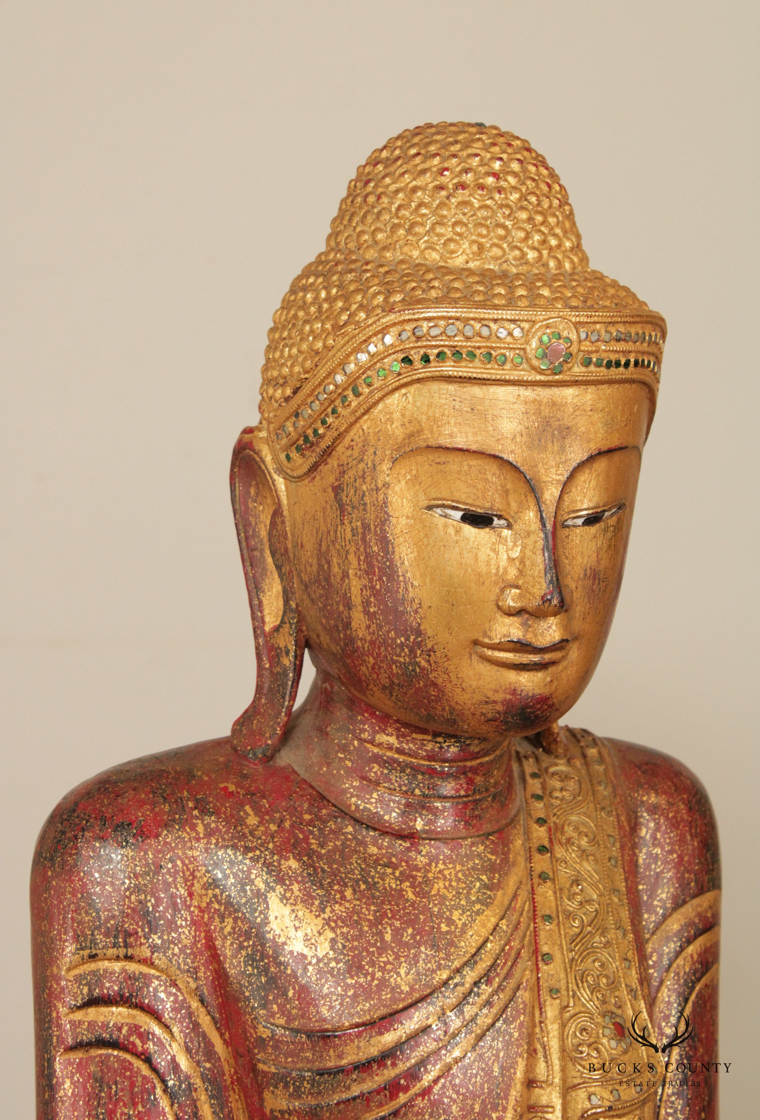Burmese Mandalay Gilded Red Lacquer Tall Standing Buddha