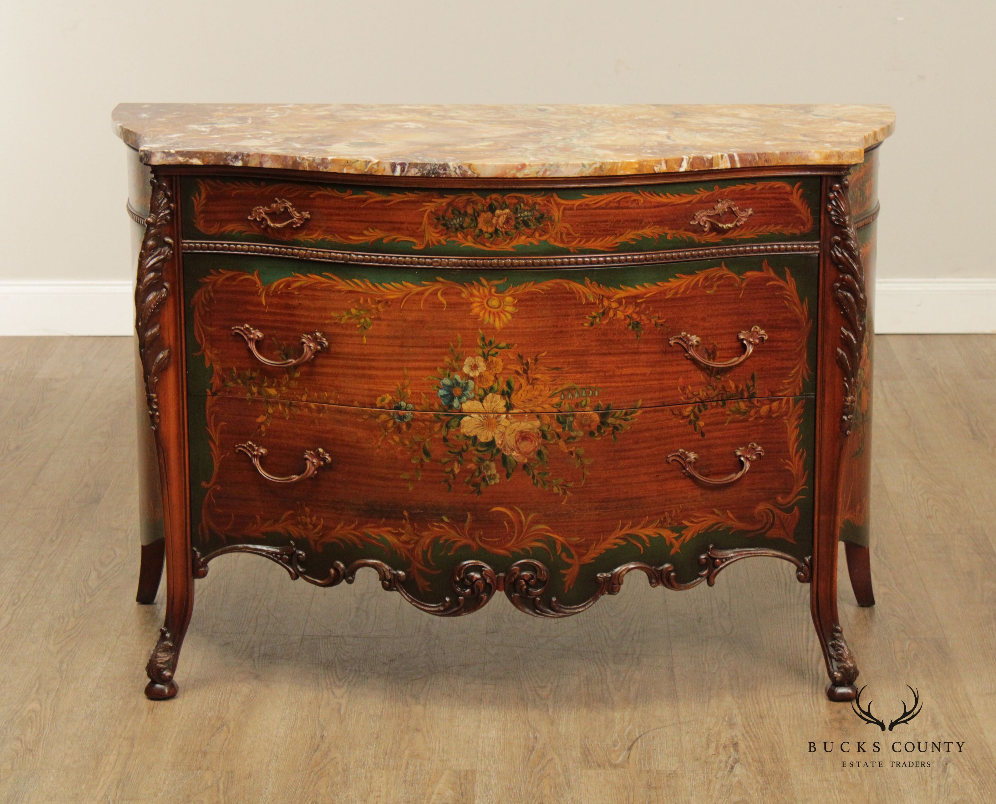 Johnson Furniture Co. Vintage French Louis XV Style Marble Top Paint Decorated Commode
