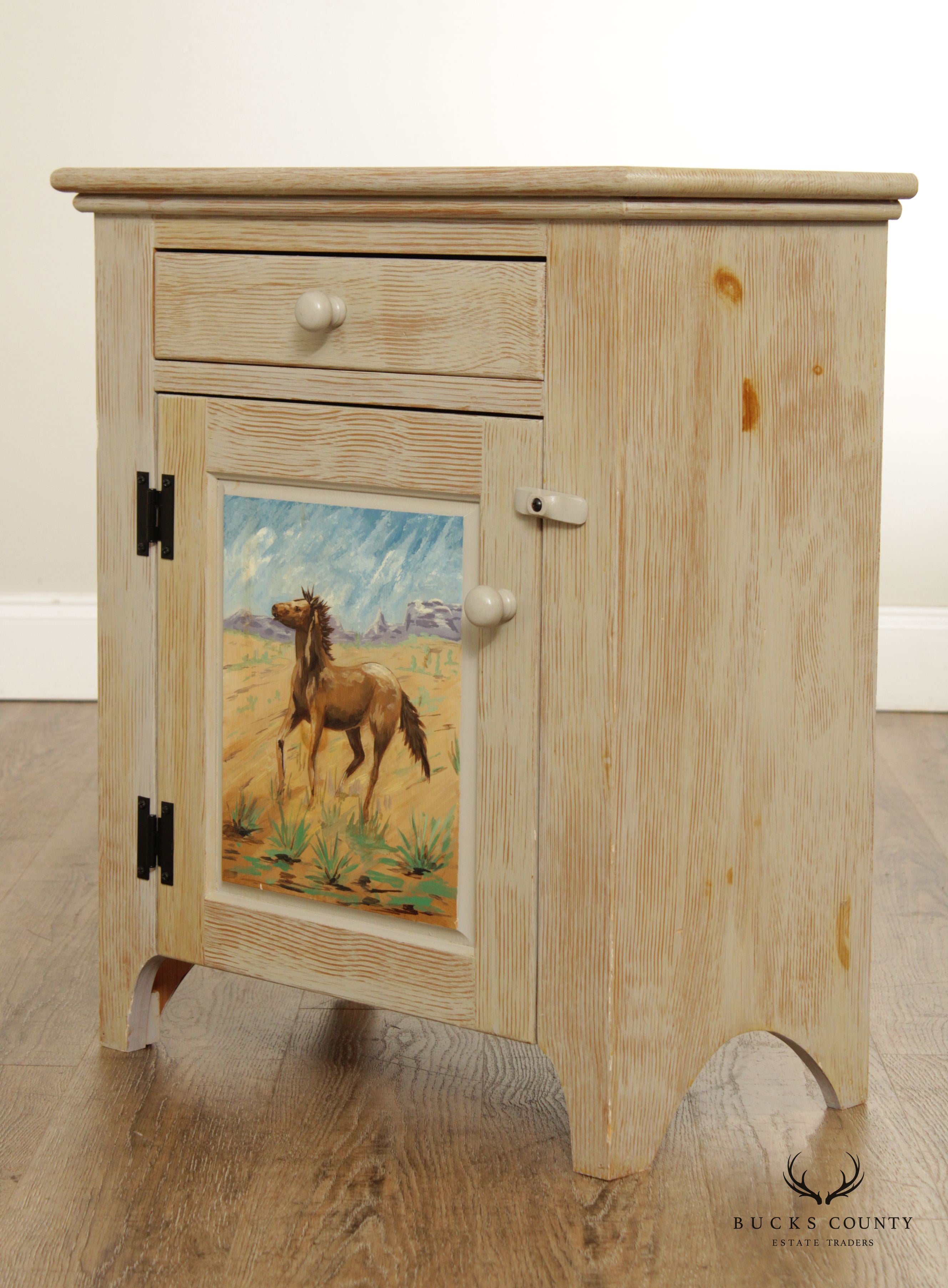 Hand Painted Western Cowboy Pine Single Drawer Nightstand