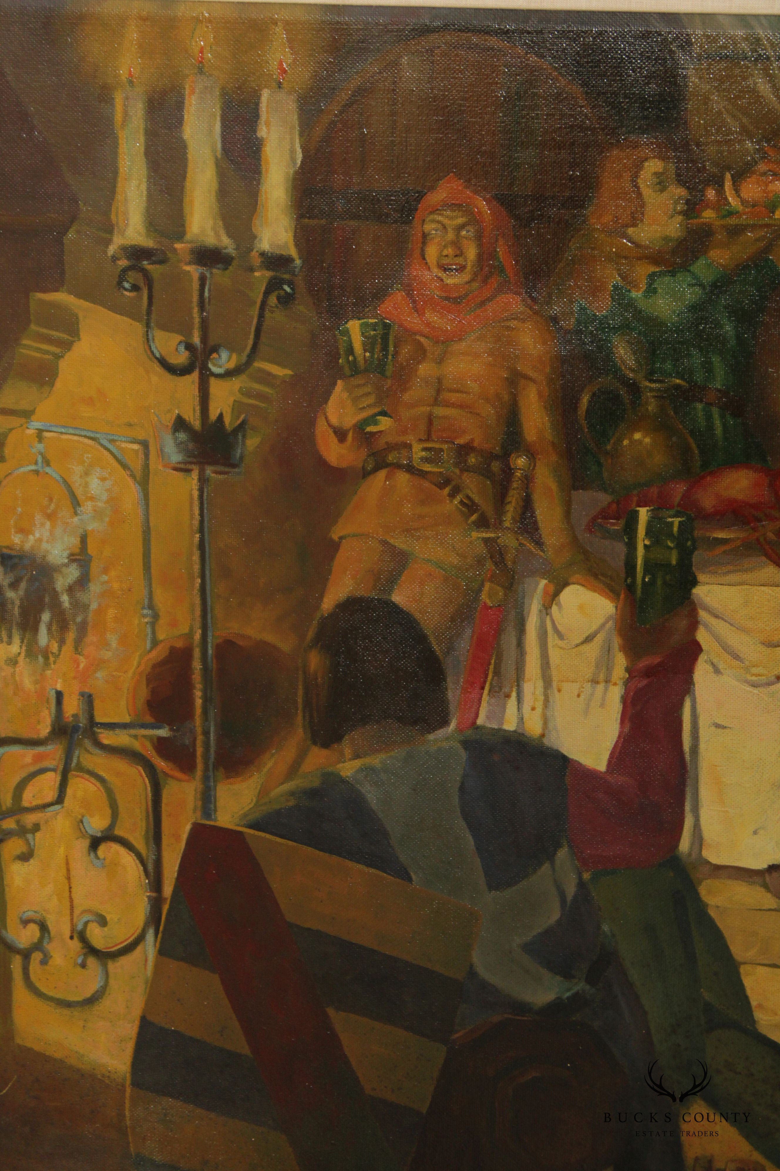 Early 20th C. Medieval Banquet 'The Song' Monumental Original Painting
