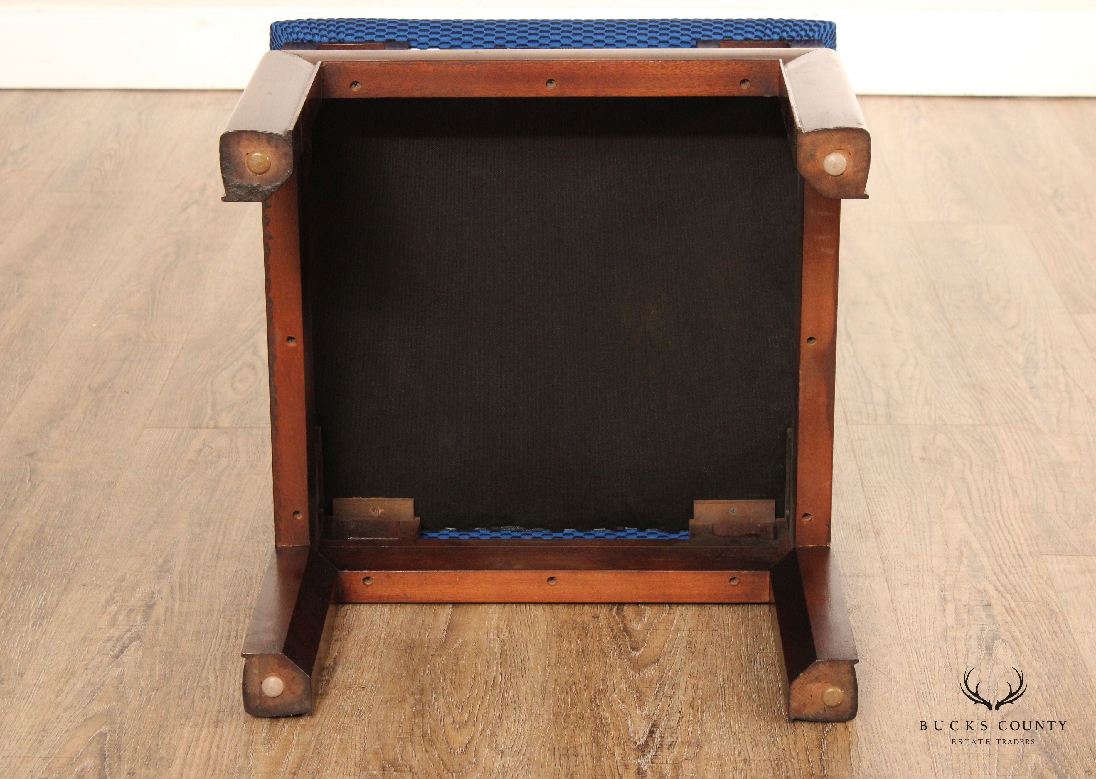 Asian Inspired Pair of Carved Mahogany Upholstered Stools