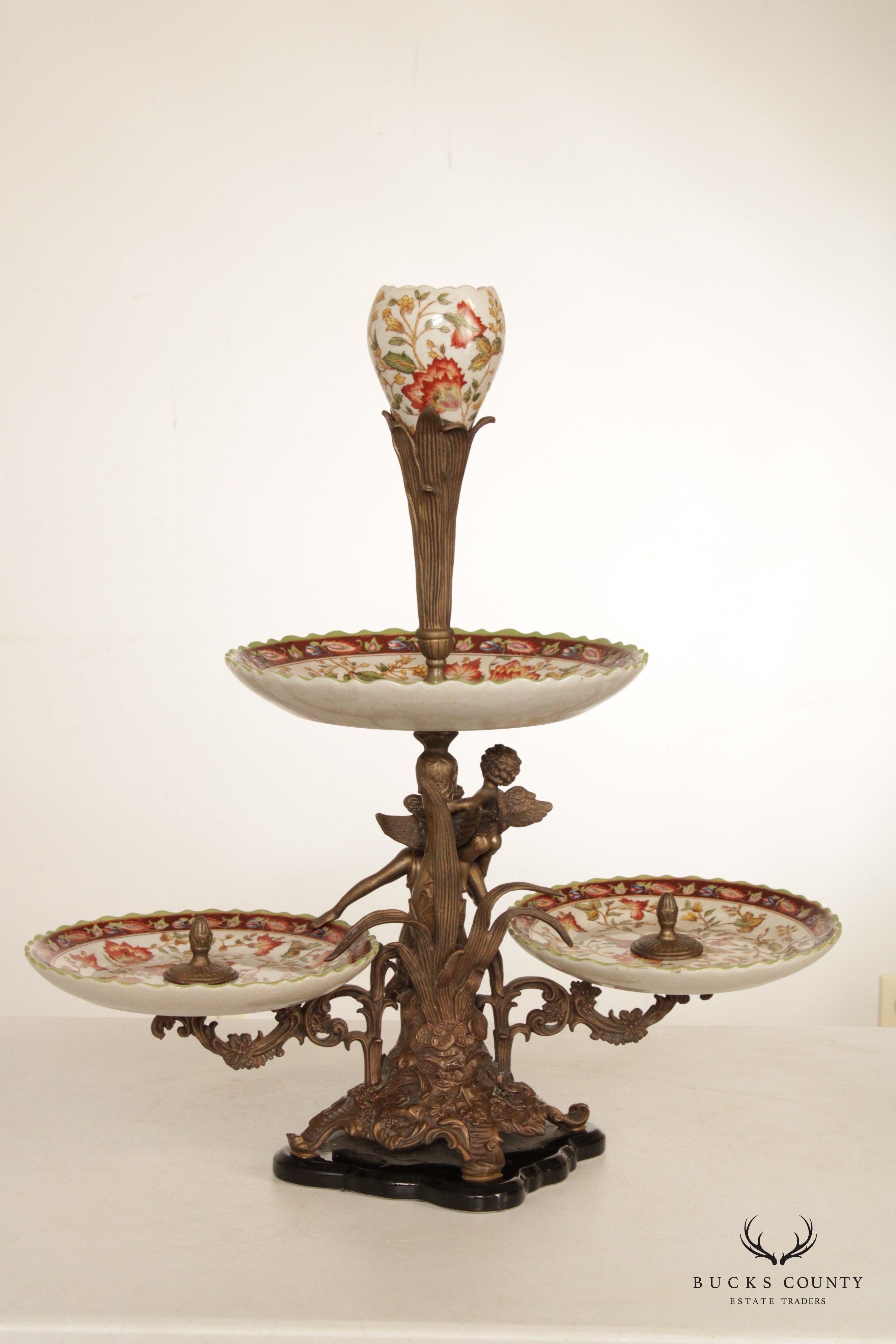 Castilian Imports Rococo Style Porcelain and Brass Tiered Centerpiece