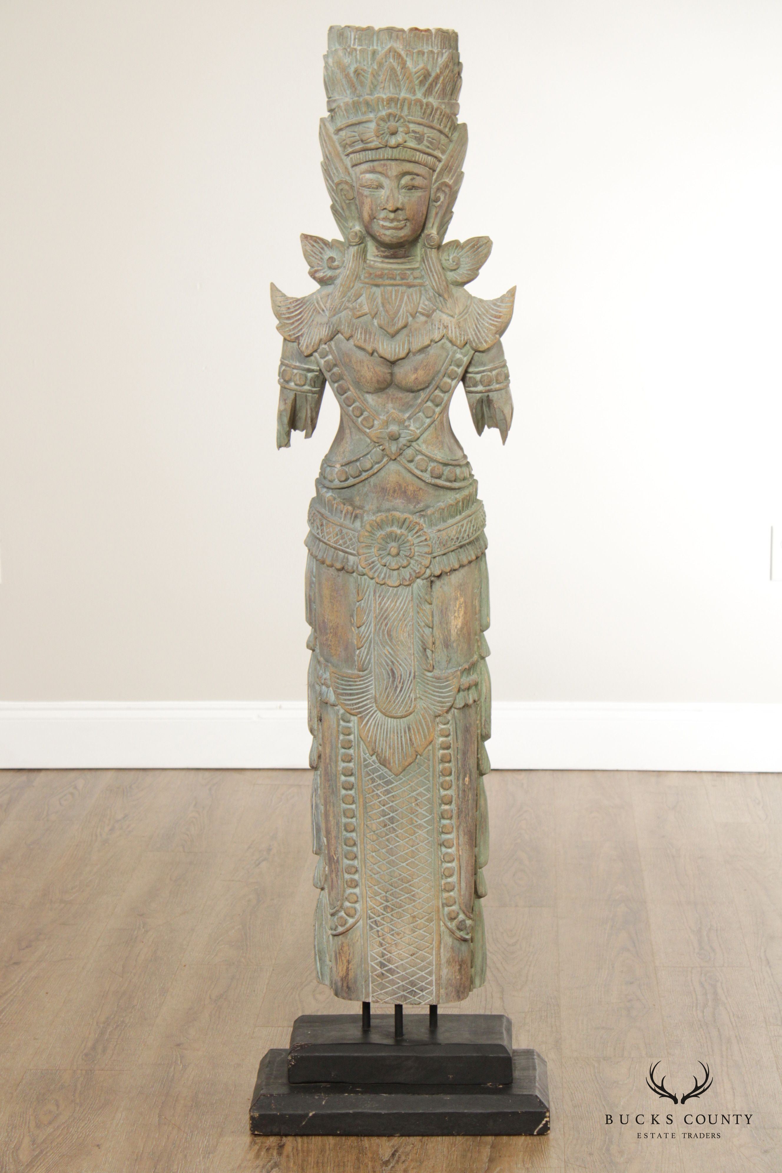Thai Style Wood Carved Life-Size Standing Goddess