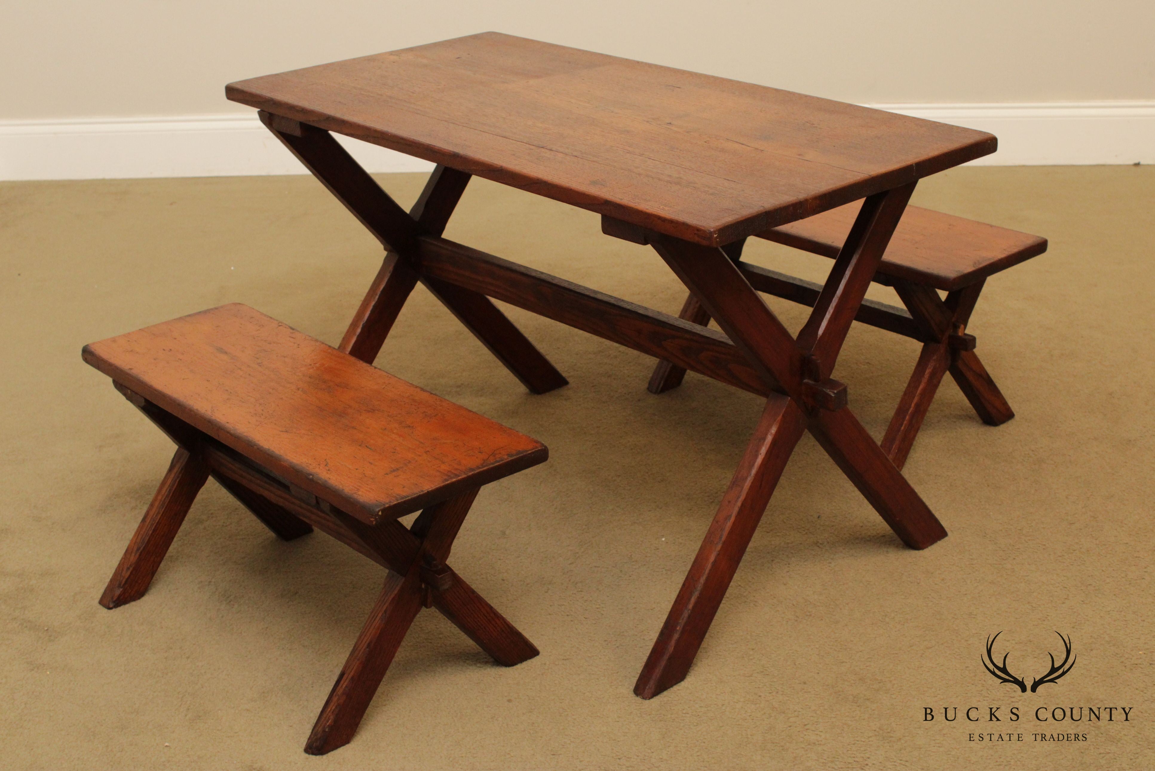 Antique Youth Size Oak Sawbuck Dining Farm Table with Benches