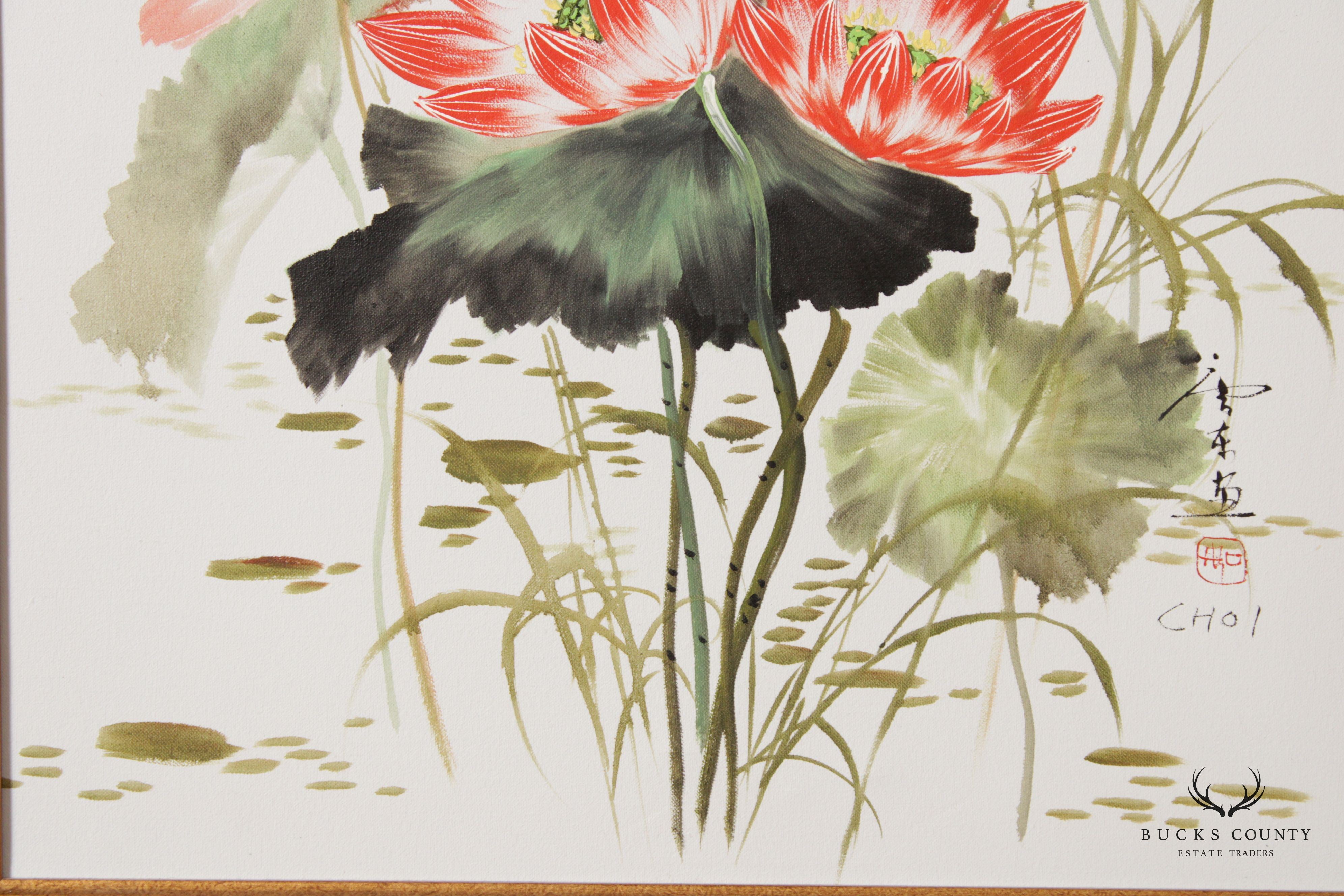 Vintage Chinese Water Lily Watercolor Painting
