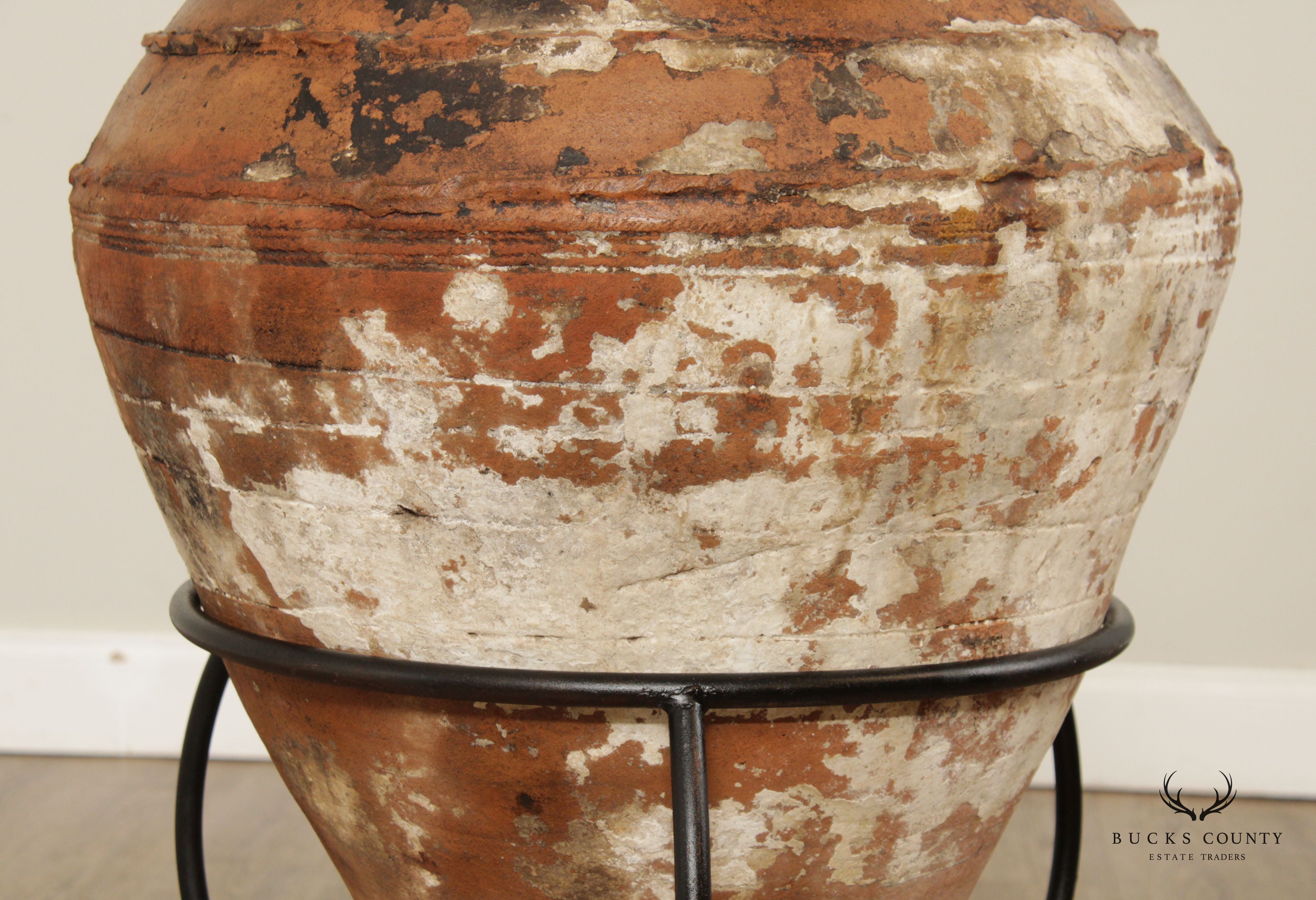 Antique Mediterranean Large Terra Cotta Amphora Floor Vase on Stand