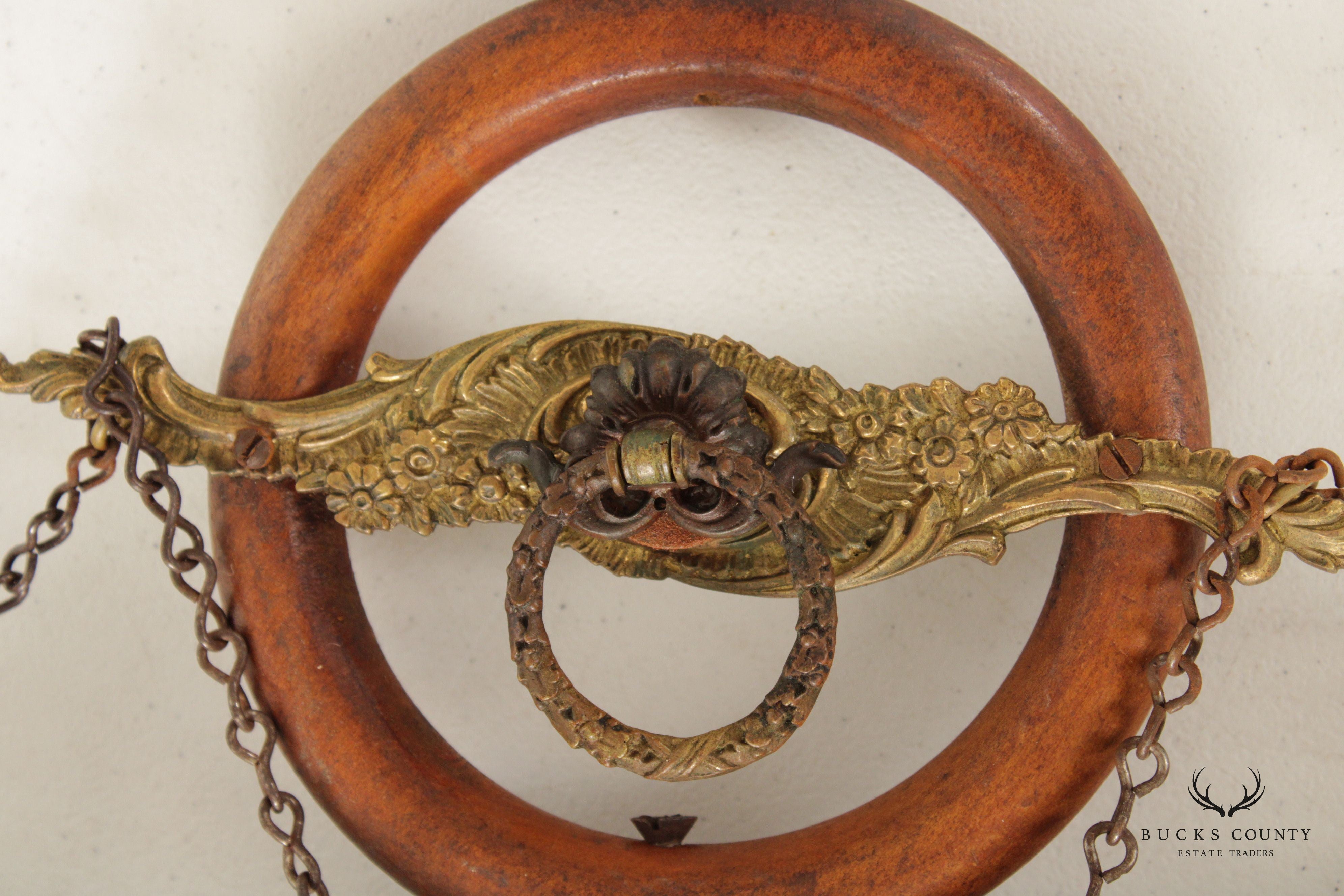 Antique Victorian Wood Rings and Brass Hanging Towel Rack