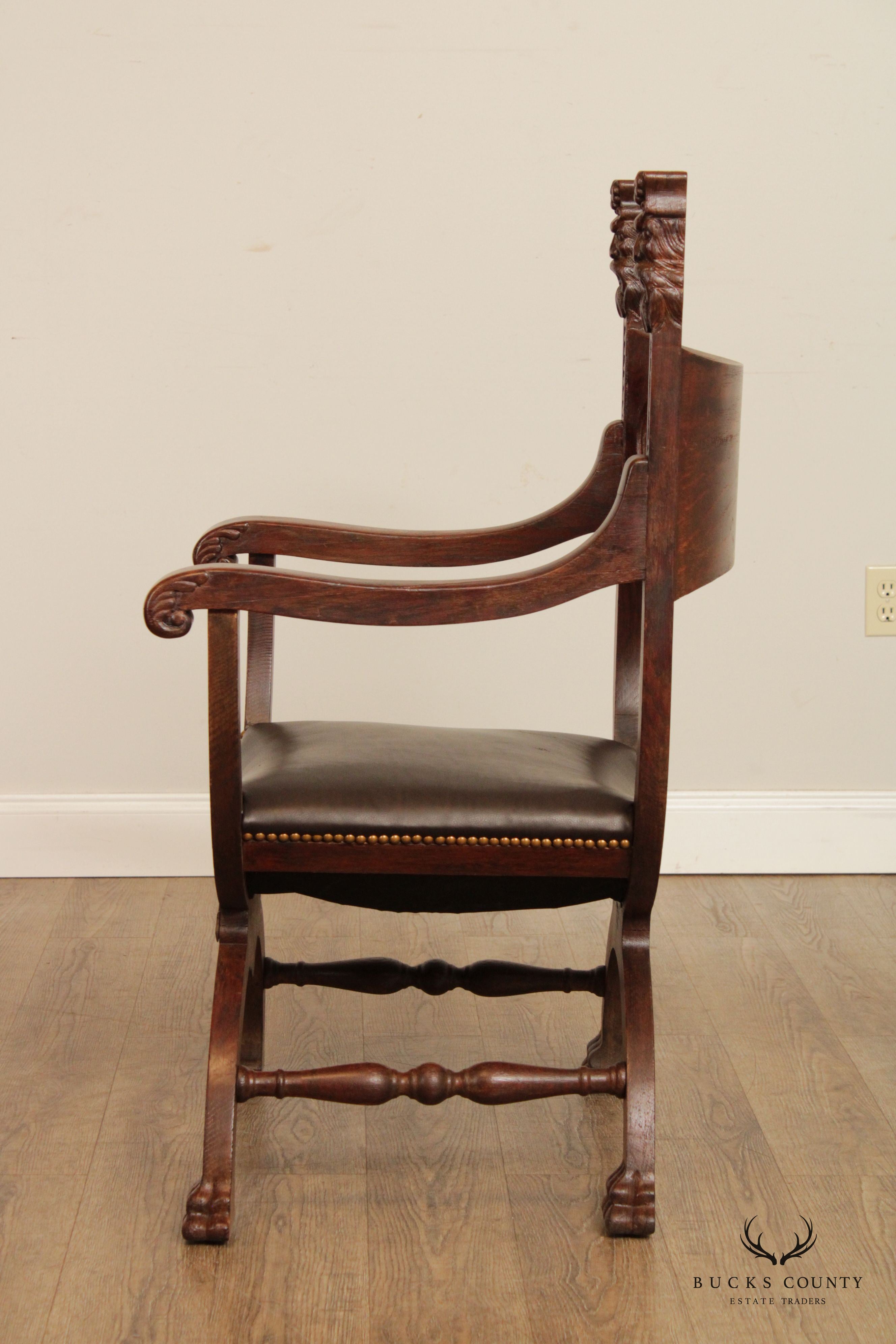 Antique Renaissance Revival Oak Carved Savonarola Armchair