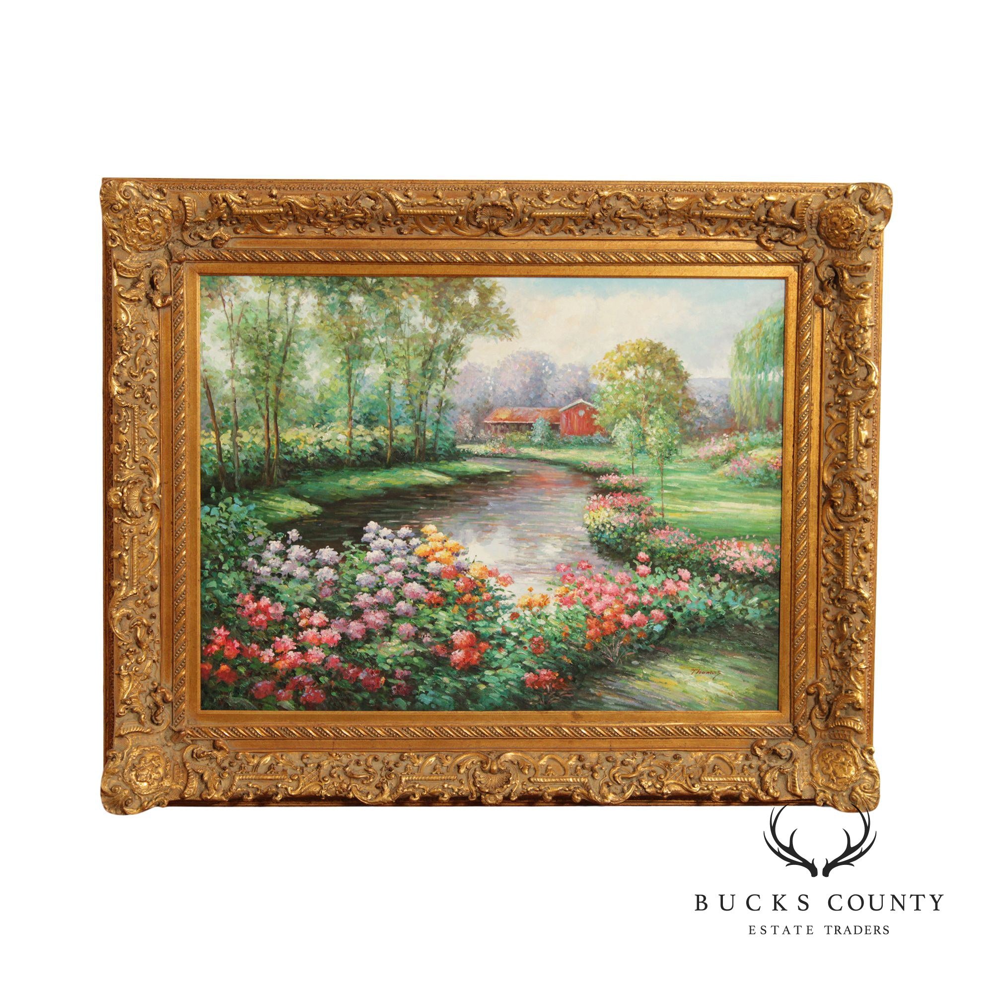 Vintage Impressionist Garden Landscape Original Oil Painting, Signed Thomas