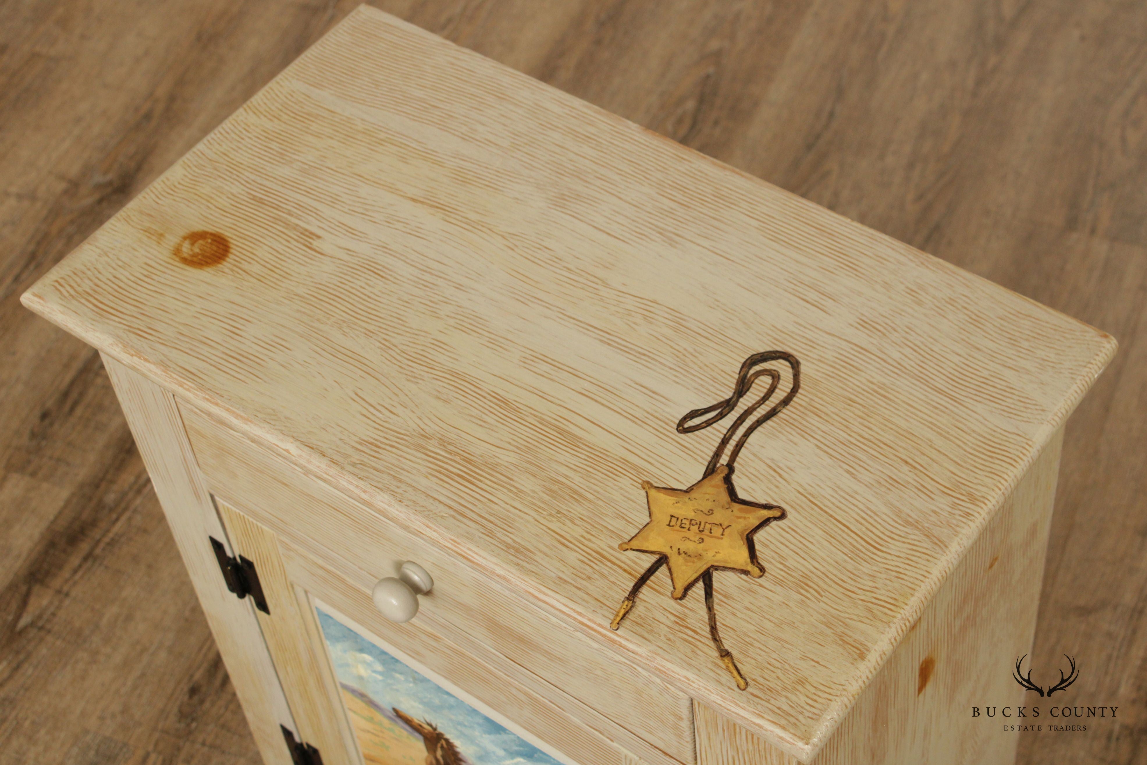 Hand Painted Western Cowboy Pine Single Drawer Nightstand