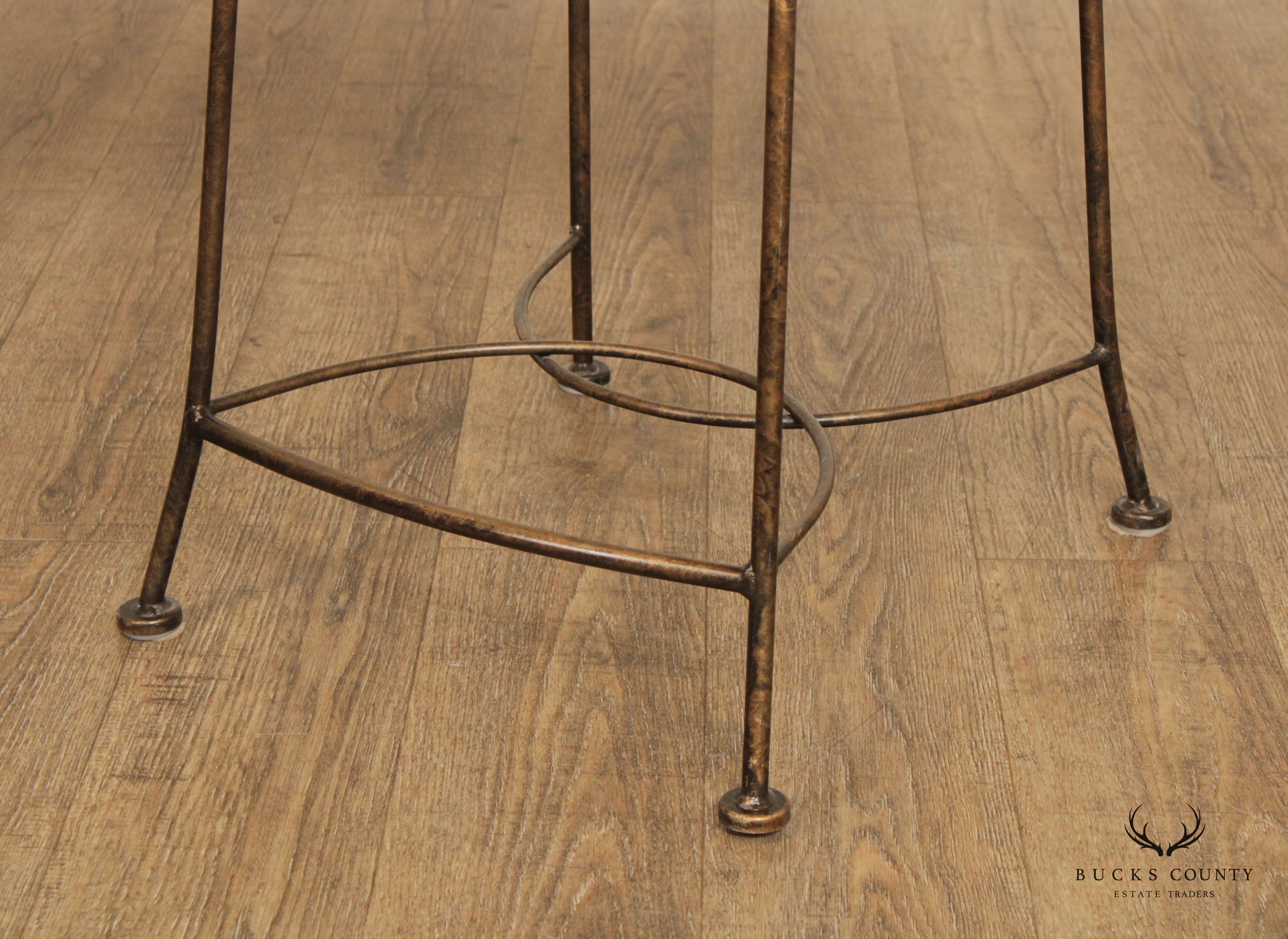 Tuscan Style Set Of 3 Wrought Iron and Wood Swivel Counter Stools