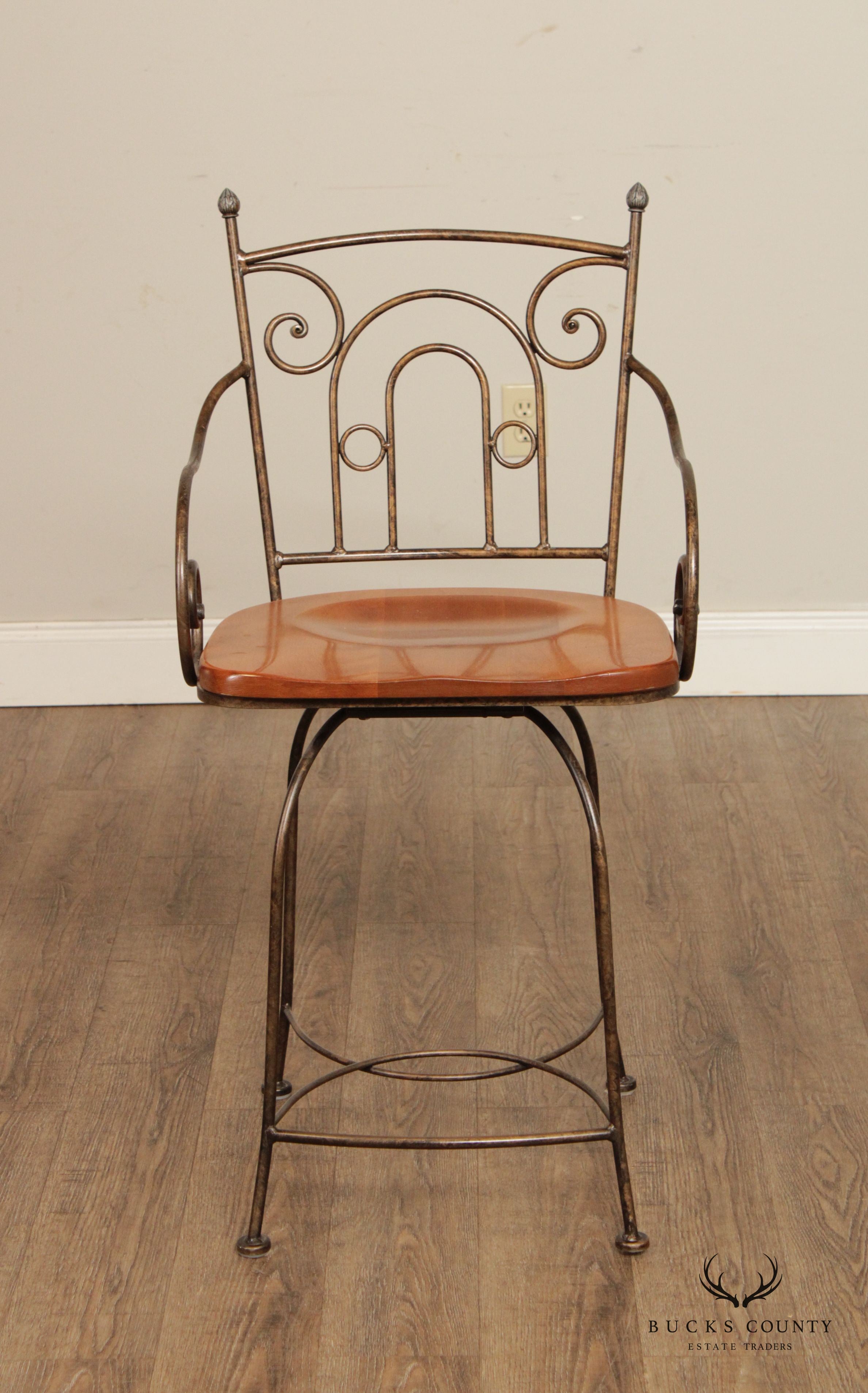 Tuscan Style Set Of 3 Wrought Iron and Wood Swivel Counter Stools