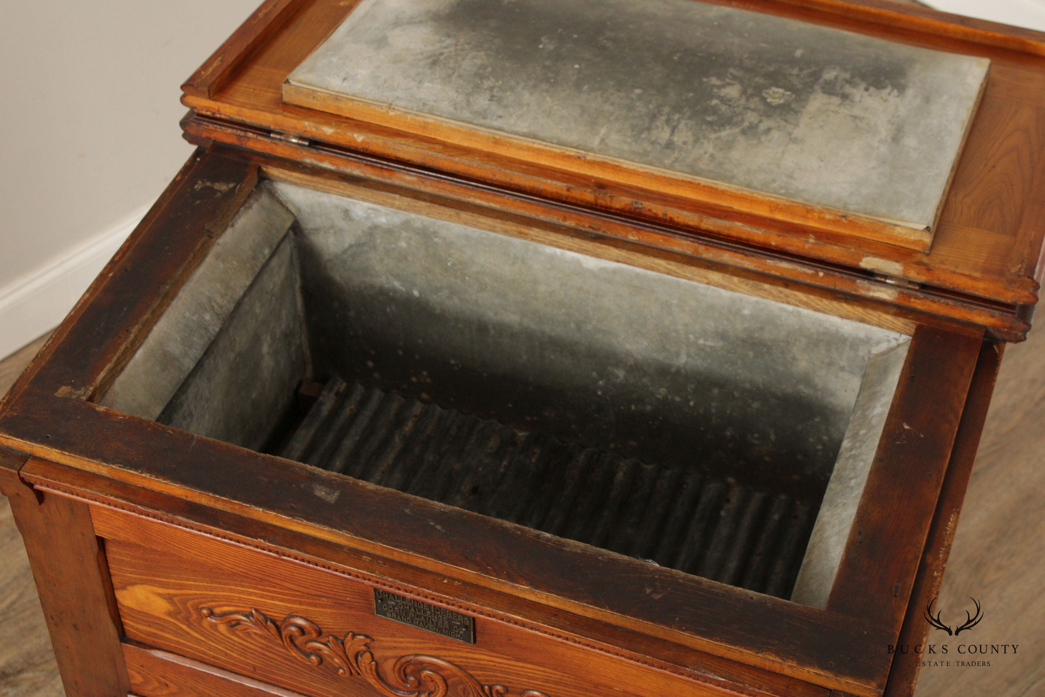 Antique Challenge Iceberg Oak and Tin Lift Lid Icebox