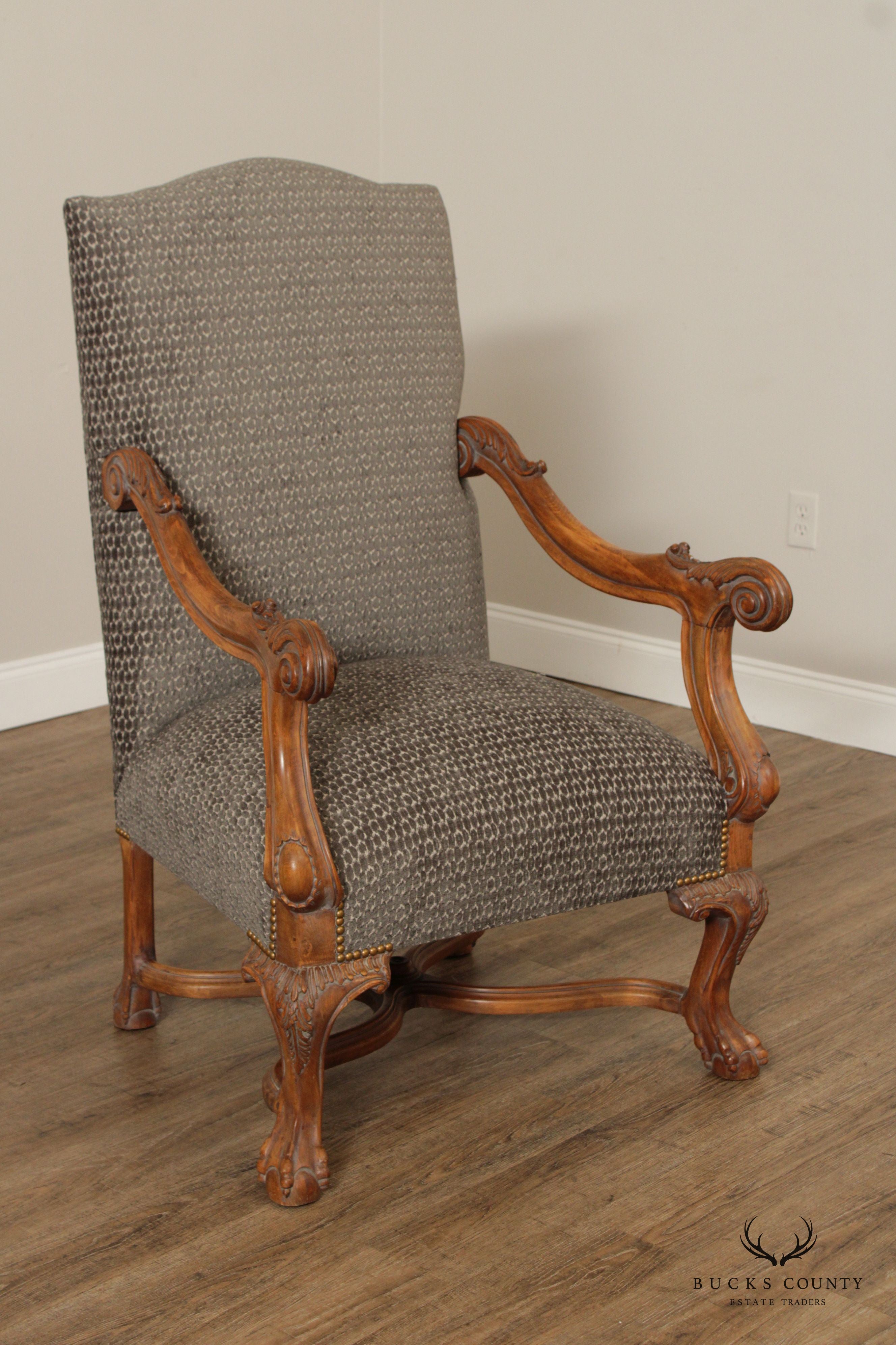 French Renaissance Revival Style Quality Pair of Carved And Upholstered Armchairs